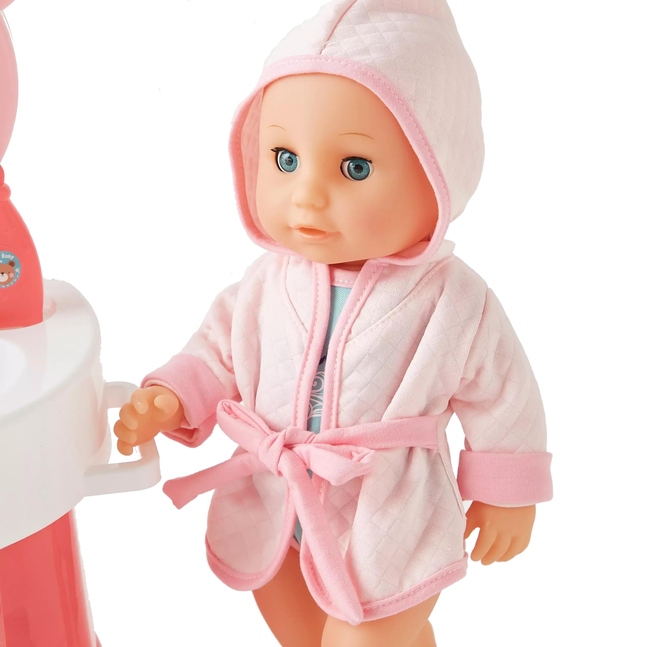 Bambola che Beve e Fa Pipì Parlante con Specchiera Luminosa Sonora Lavandino con Acqua Funzionante Accessori Bagno Vasino Toilette Musica 10 Suoni Gabinetto Bambolotto cm 35 con Specchiera Deluxe