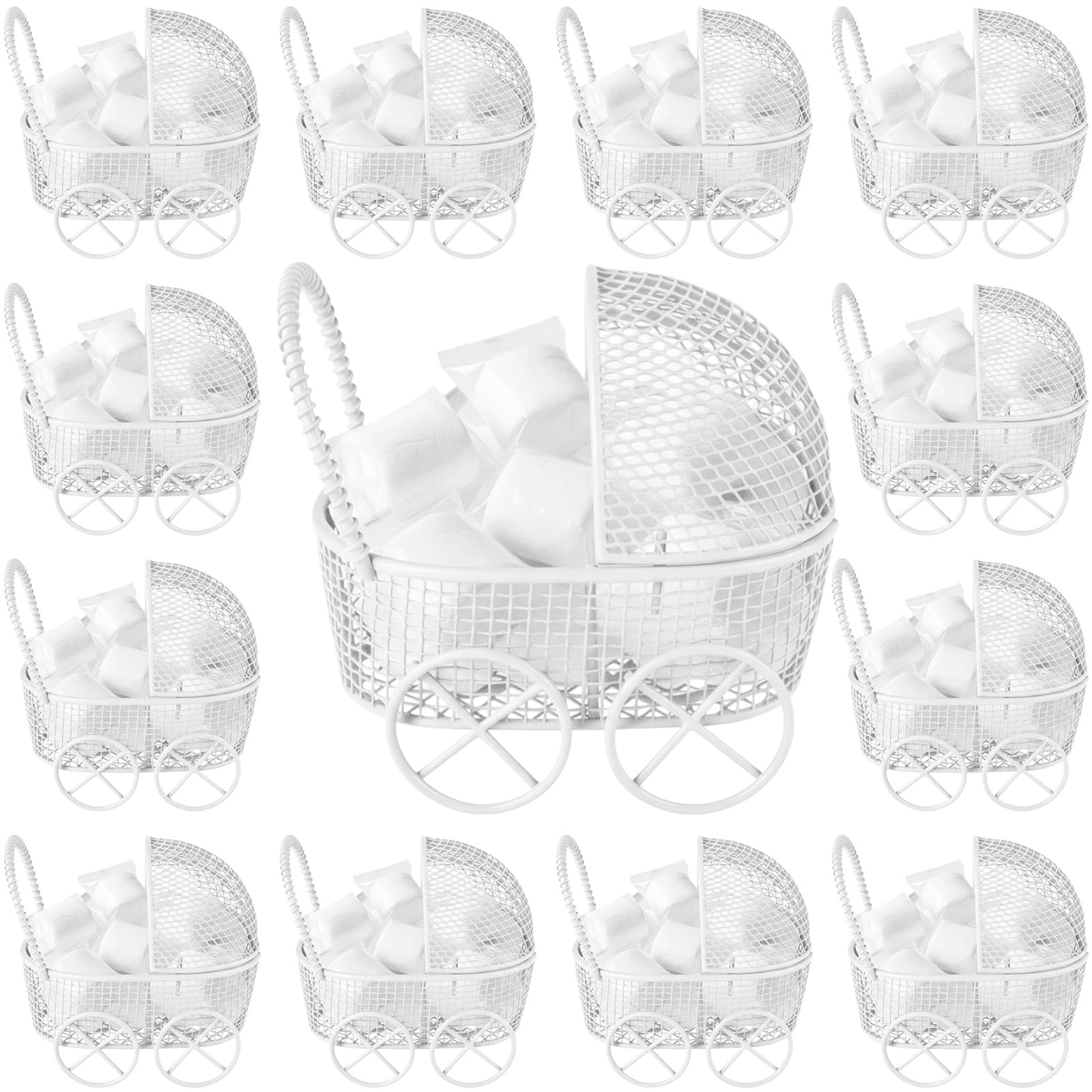 Threehoney 12 Pcs Baby Shower Mini Carriage Decoration White Goose Color Metal Wired Fillable Candy Stroller Baby Shower Table Centerpiece for Guest Gender Reveal Wedding Party Favor Gift