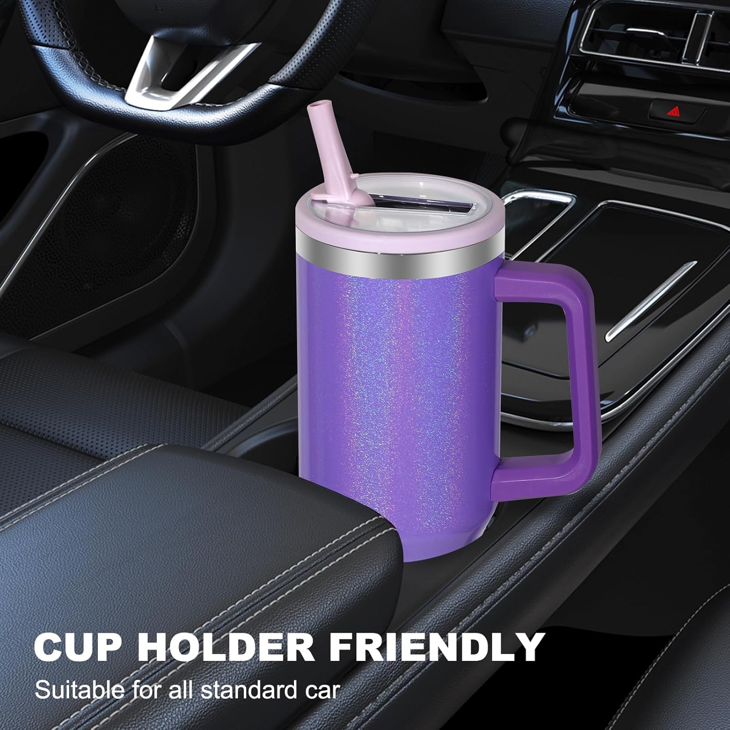 40 oz Tumbler with Handle and Flip Straw Lid, Vacuum Insulated Leak Proof Double Walled Stainless Steel Glitter Travel Mug Tumblers, Maintains Cold Ice and Heat for Hours(Purple) - Image 5