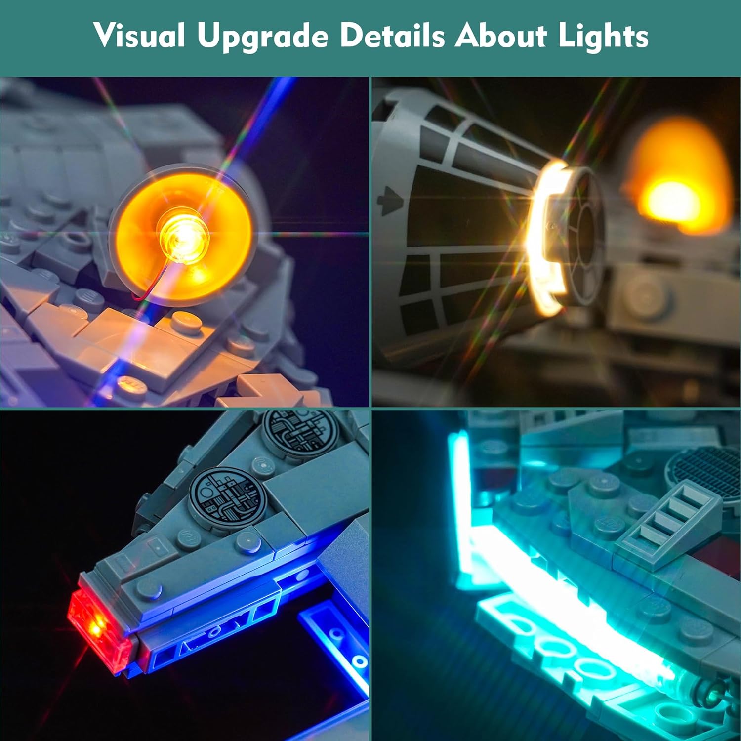 Close-up details of the illuminated engines and other light points on the LEGO Millennium Falcon 75375 model.