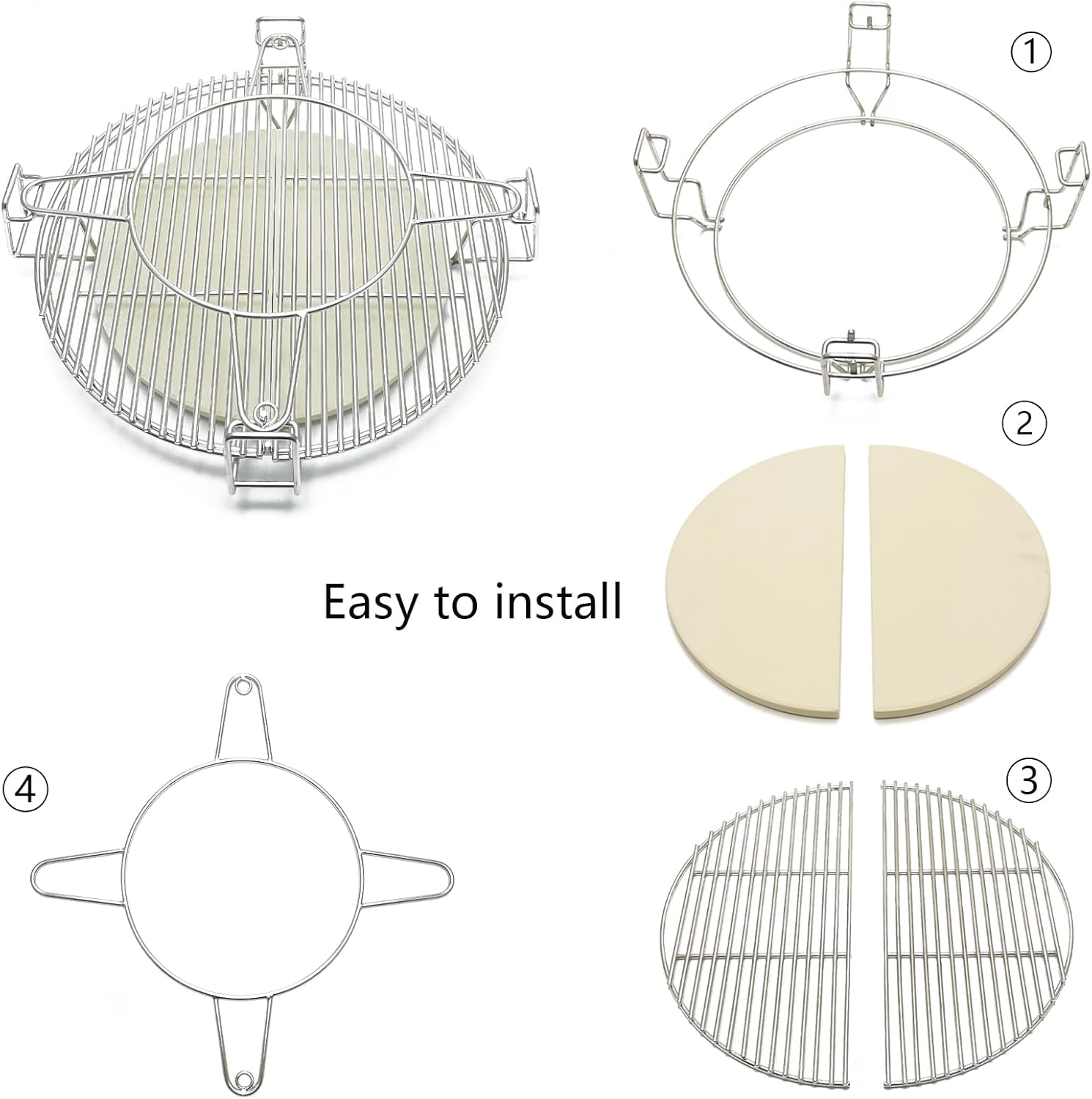 Multi-Level Cooking Grates with Ceramic Heat Deflectors System Kit for Large Big Green Egg, BGE Kamado Joe Classic, Coyote The Asado Cooker, Pit Boss，Char-Griller Akorn Charcoal Grill