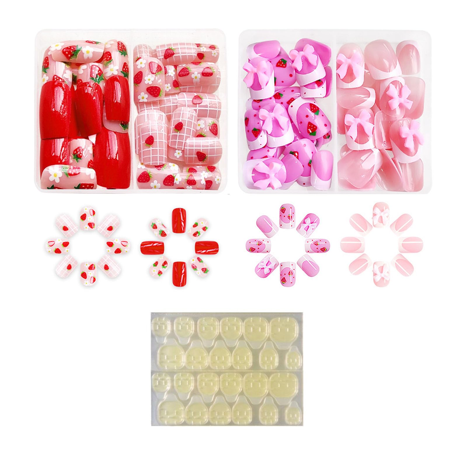 96 Stück Fingernägel zum Aufkleben Teenager, Niedliche Schleifchen und Erdbeer Falsche Nägel, Nägel zum Aufkleben Mit Gelfolien, Nageldesign Für Teenager, Party, Hochzeit, Mädchen (Rosa)