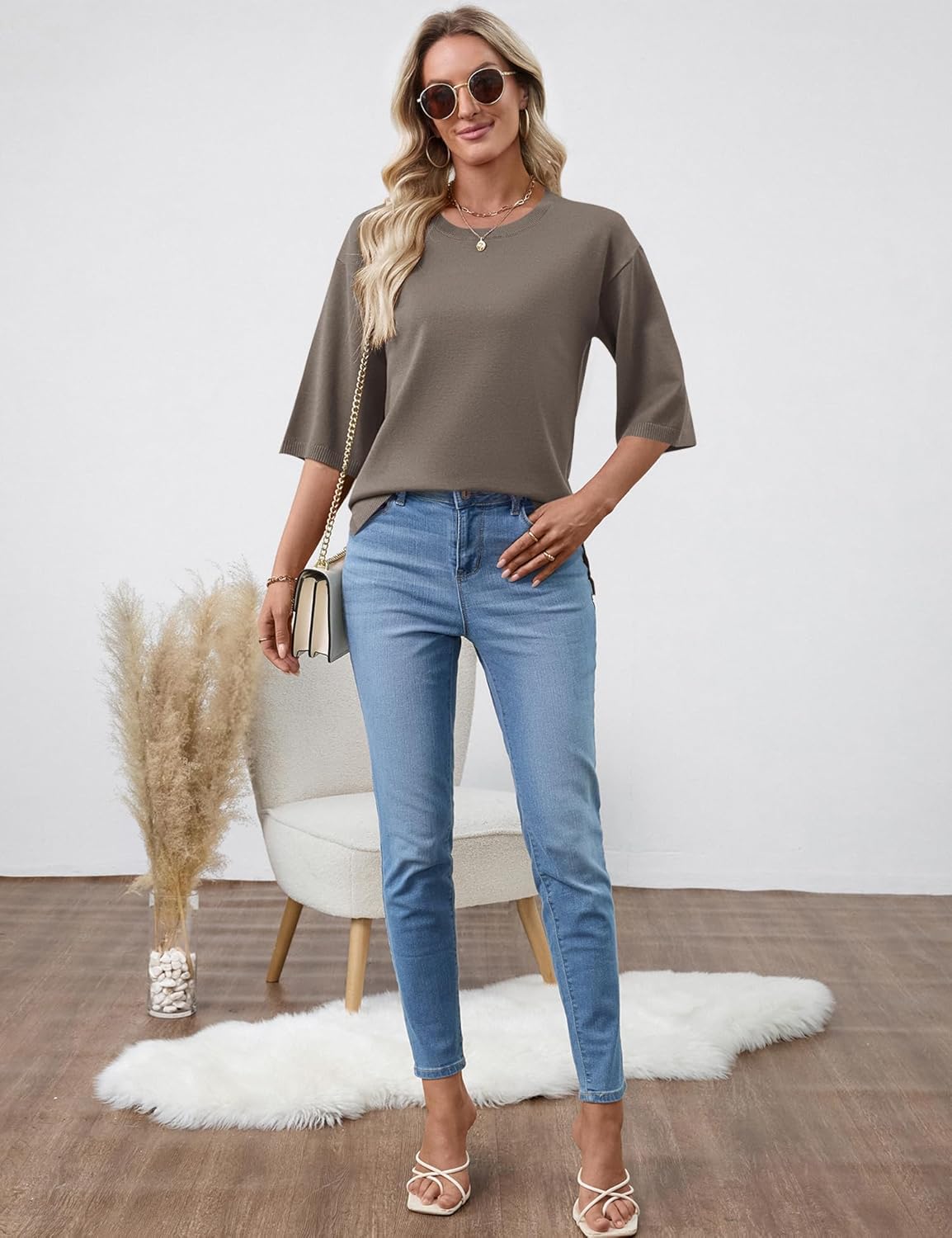 Lomon Womens Sweaters Dressy Casual 3/4 Length Sleeve Sweater Crewneck Lightweight Knit Tops Loose fit - Image 3