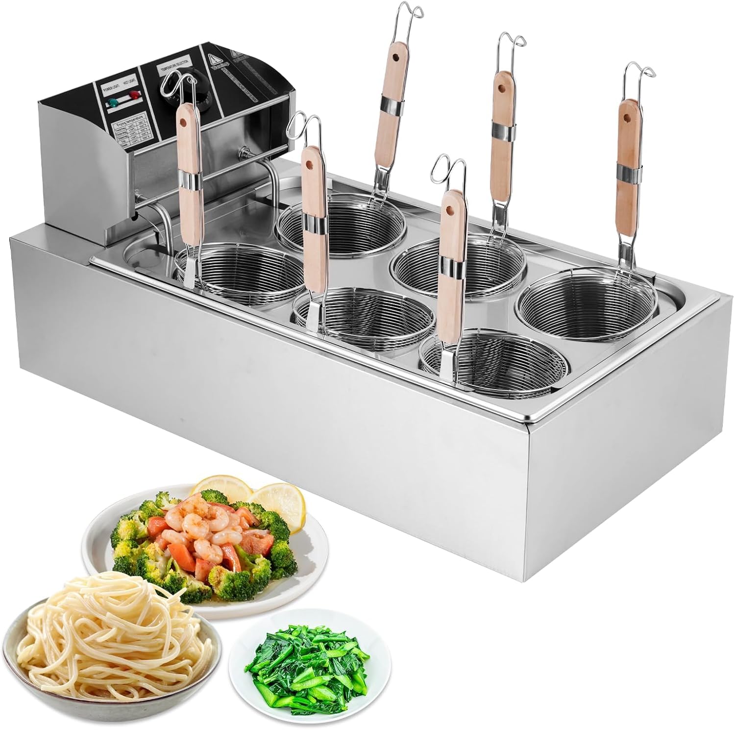 JIAWANSHUN Commercial Pasta Cooker with 6 Noodle Baskets, 50-250? Temperature Adjustable, 110V Electric Noodles Cooking Machine for Restaurant, Stainless Steel Dumpling & Ramen Cooker