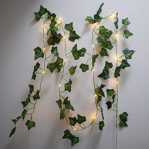 Cadena de luces Ivy, 6.5 pies, 20 luces LED blancas cálidas, interiorexterior, resistente al agua, funciona con pilas, estilo moderno, verde,
