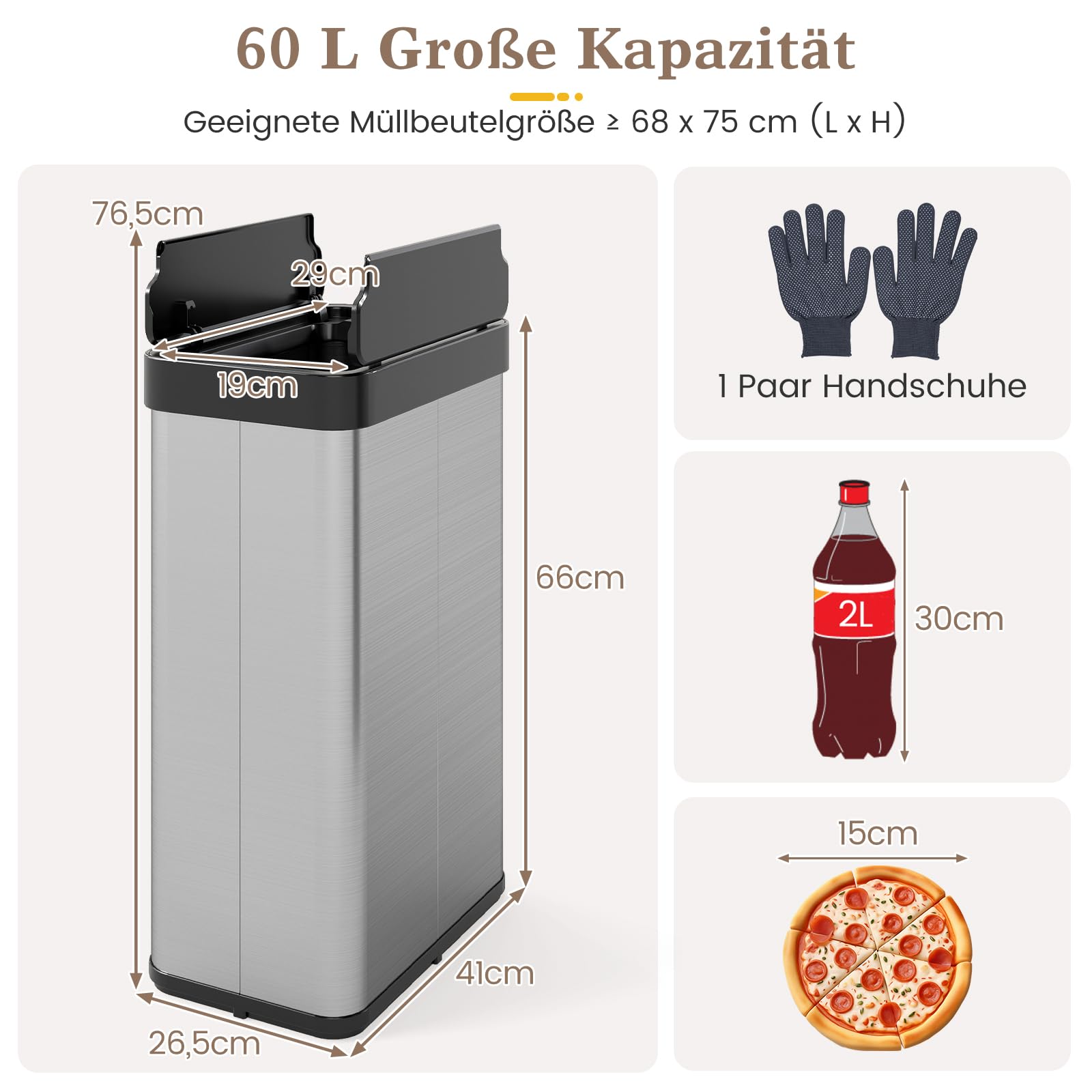 COSTWAY Mülleimer Küche, 60 L Abfalleimer aus Edelstahl mit Sensor, Flügelklappen und Handschuhe, schlanker Küchenabfalleimer automatisch für für Küche, Bad, Schlafzimmer (Silber)