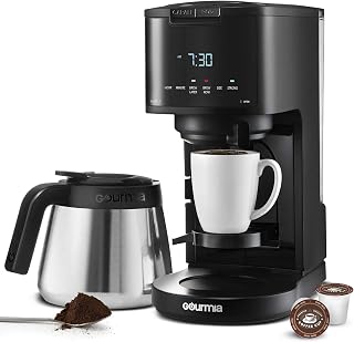 Gourmias Single Serve + 12 Cup Drip Coffee Maker with Thermal Carafe, Programmable Brewing Machine, Removable Water Reservoir, Easy-to-Use Coffee Pot, Ideal for K-Cup Pods & Ground Coffee