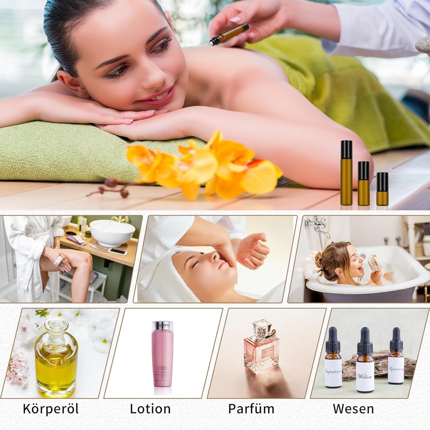 Voarge 10 flaconi di olio marrone da 10 ml, flaconi di vetro roll-on per oli essenziali e profumi