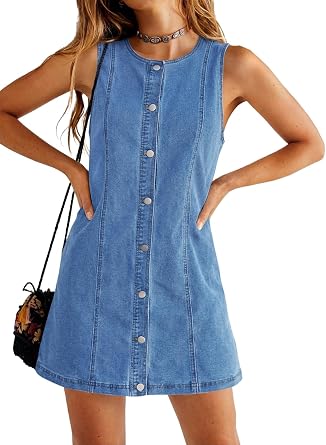Womens Sleeveless Mini Denim Dress Summer Button Down Mini Jean Dresses