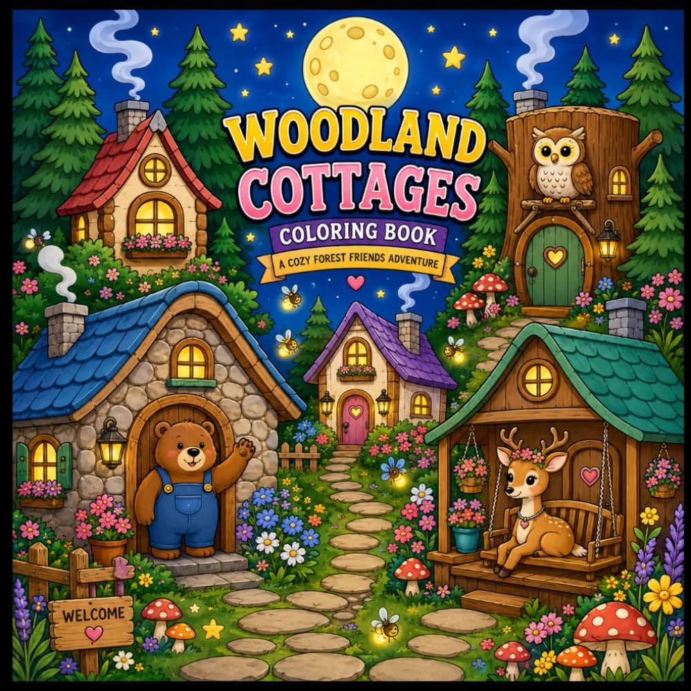 Cozy Forest Cottages: A Cozy Woodland Animal Coloring Book for Stress Relief and Relaxation Featuring Charming Forest Homes for Adults and Teens