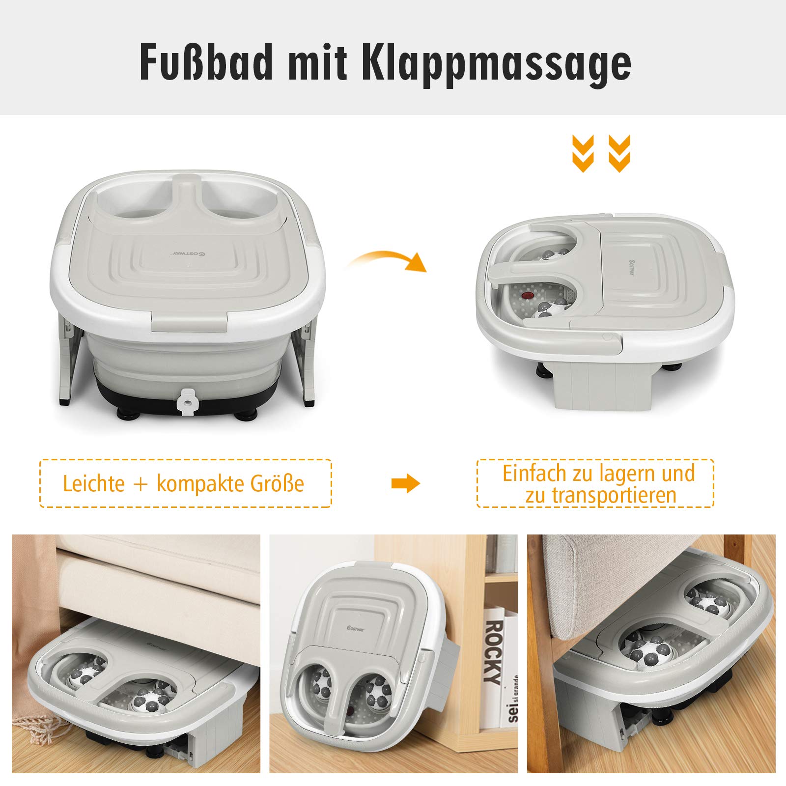 COSTWAY Fußbad Massagegerät klappbar, Elektrische Fußbadewanne Heizung Shiatsu Rollen Fußmassage Spa / 10-60min Timer / 36-48℃ / 500W / Fernbedienung (Grau)