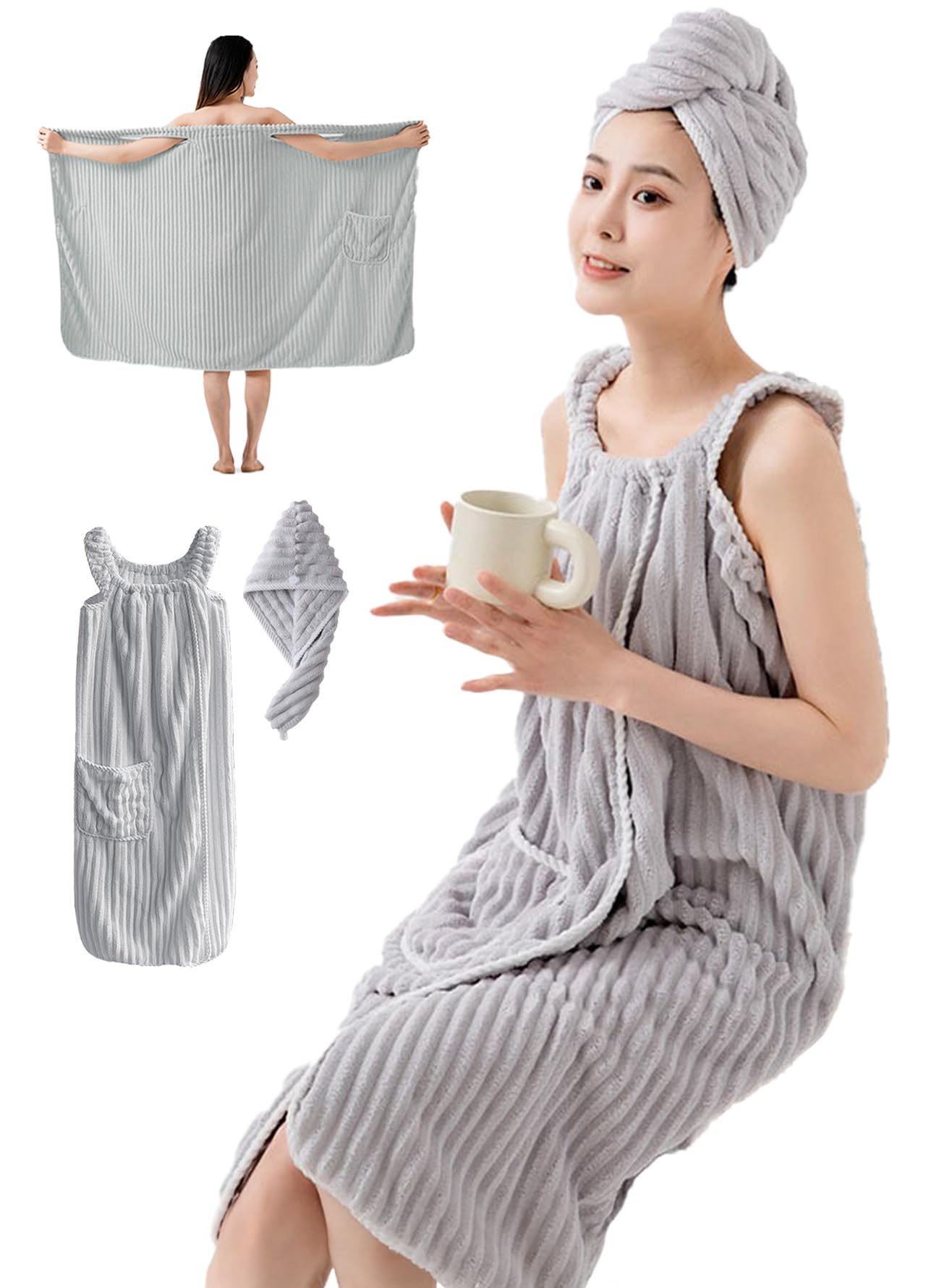 Genma Plus 【Fluffy x High Absorption】 Towel One-Piece Bathrobe for Moms One-Ope Ladies Thick Wearable Towel Quick-Drying Microfiber Toweling Robe for Fall/Winter 【Domestic Quality Certified】 Gray (with towel cap)