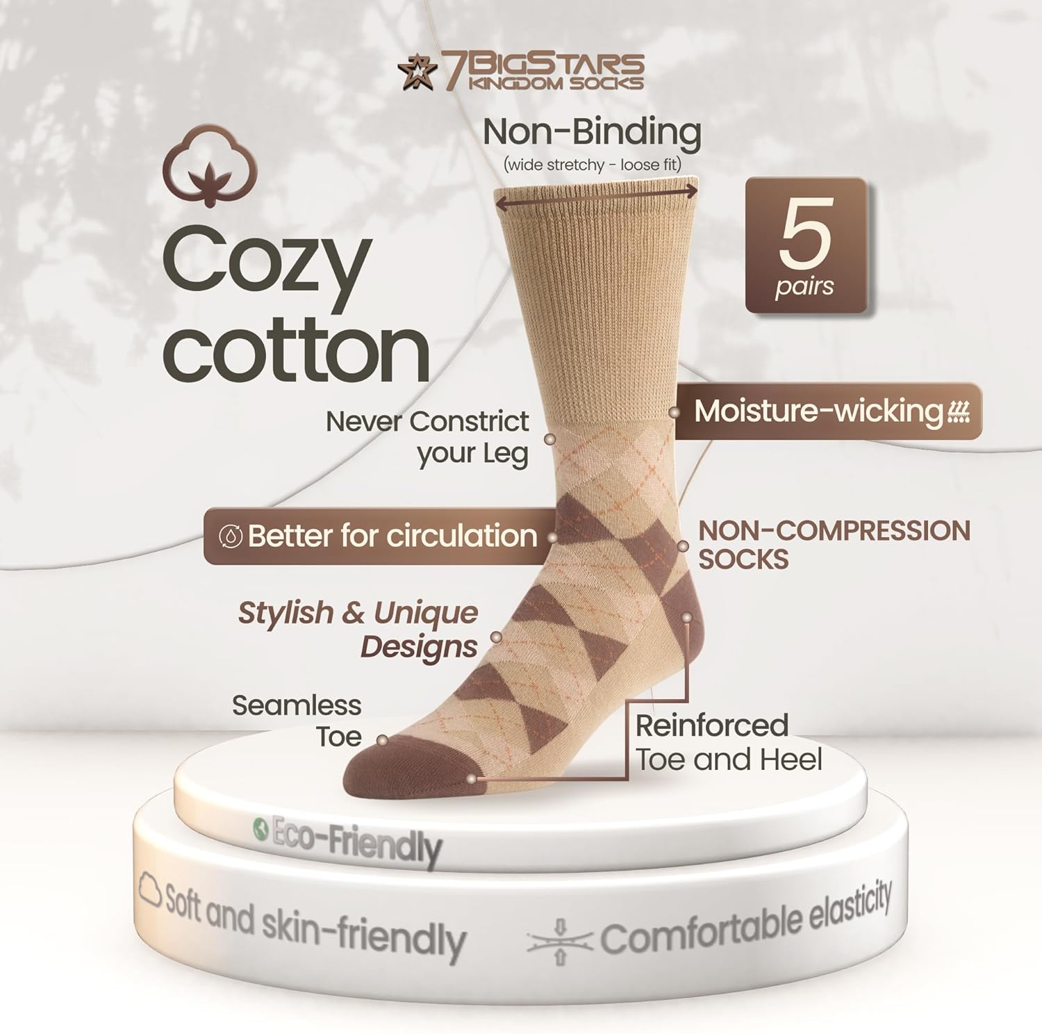 7BIGSTARS KINGDOM Men Diabetic Non-Binding Fashion Cotton Socks-5 Pack Large/XL - Image 3