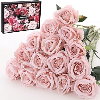 15Pcs Pink Roses Artificial Flowers Fake Roses Long Stem Velet Rose Silk...
