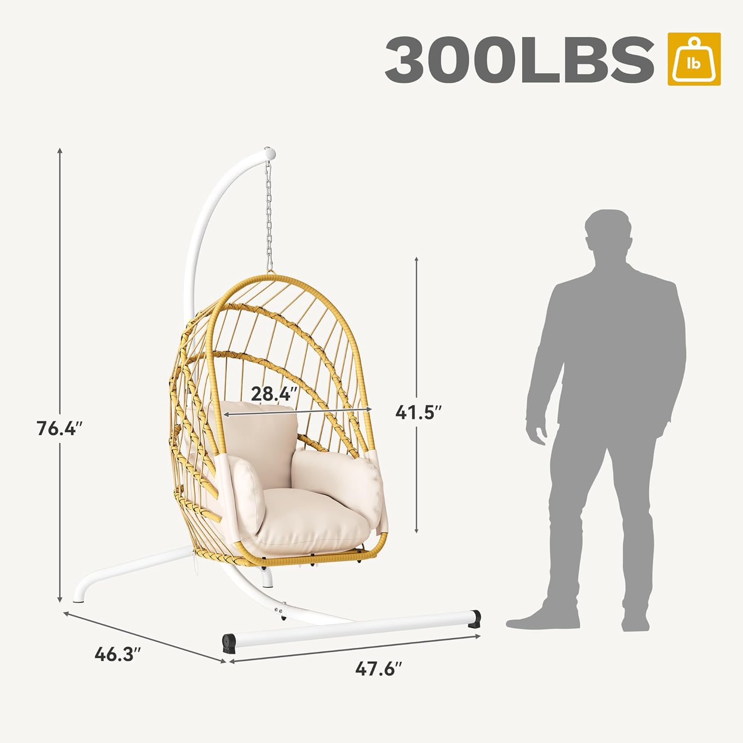 DWVO Wicker Swing Egg Chair 300lbs Capacity - Foldable Hanging Hammock with Cushions & Stand, Indoor/Outdoor Patio Swing Chair for Bedroom, Garden, Balcony (Beige)