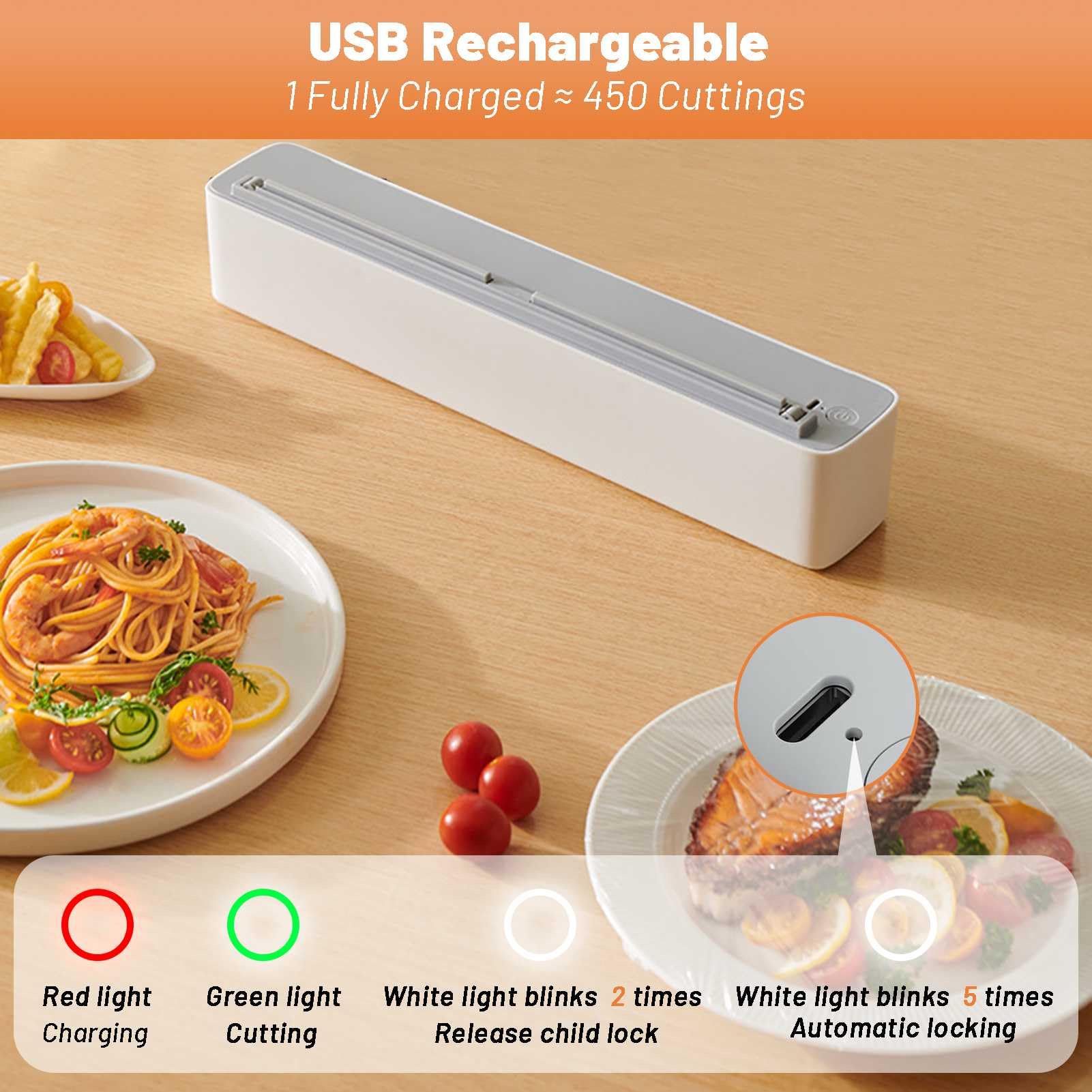 Dispensador eléctrico de Film Transparente rellenable, dispensador de Papel de Aluminio, Cortador eléctrico Resistente de Film Transparente para Alimentos, Corte automático de 0,5 s