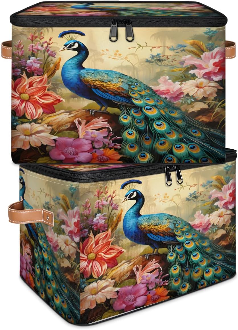 Storage Bin Set of 2 Flower Peacock Storage Basket with Zipper Lid & Handle Foldable Closet Shelf 2 Pack Cloth Organizer Basket Cube Bins Clothes Organizer for Bedroom, Nursery