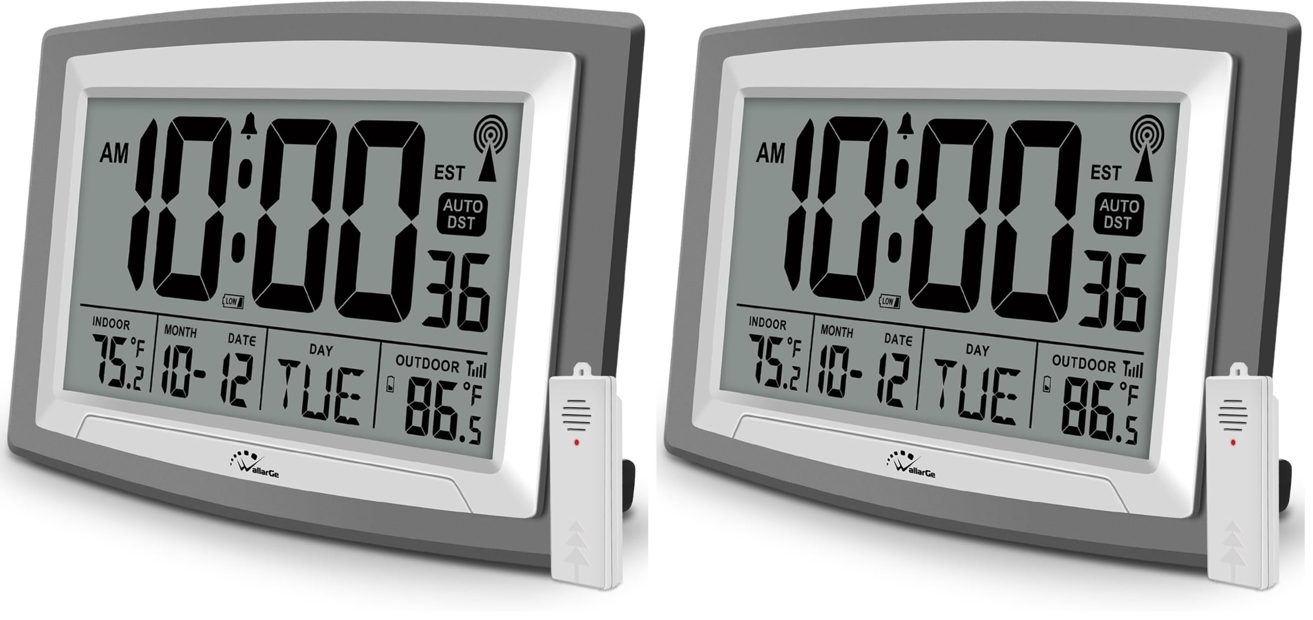 WallarGe Atomic Clock with Outdoor and Indoor Temperature - 12.5 Inch Self-Setting Digital Clock Large Display, Battery Operated Wall Clocks or Desk Clocks for Bedroom, Livingroom, Office (Pack of 2)