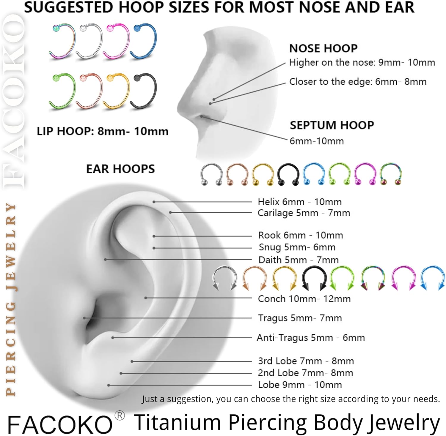 8PCS G23 Titanium Horseshoe Septum Rings, 16G Nose Rings, Ball/Spikes Horseshoe Circular Barbell Septum Jewelry Set for Women Men 6mm-12mm Gold/Silver/Black/Rose Gold/Rainbow/Pink/Blue/Green - Image 7