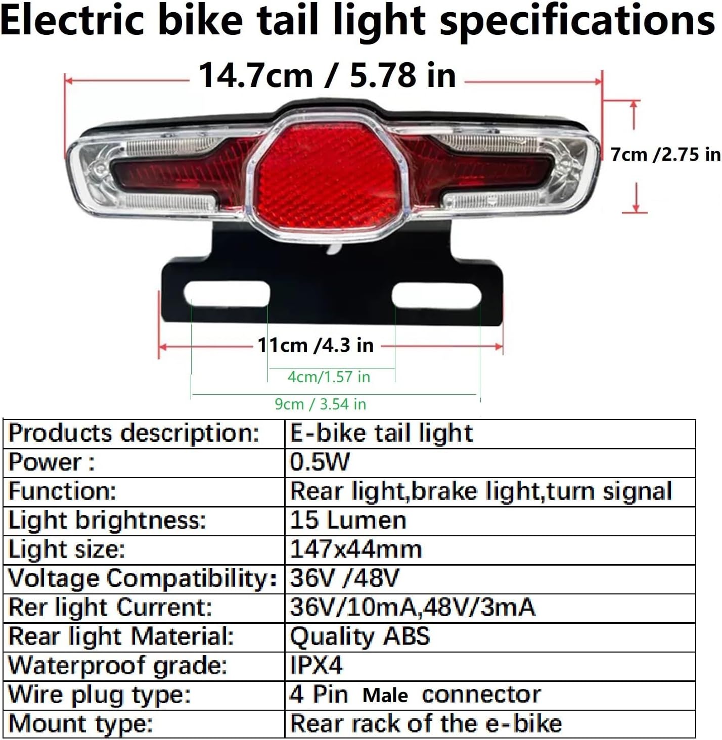 E-Bike Tail Light 4 Pin Male Waterproof Connector Rear Light for Bicycle Rack Mount LED Rear Light for Night Riding Compatible for 36V-48V Ebike 43 in Wire Taillight