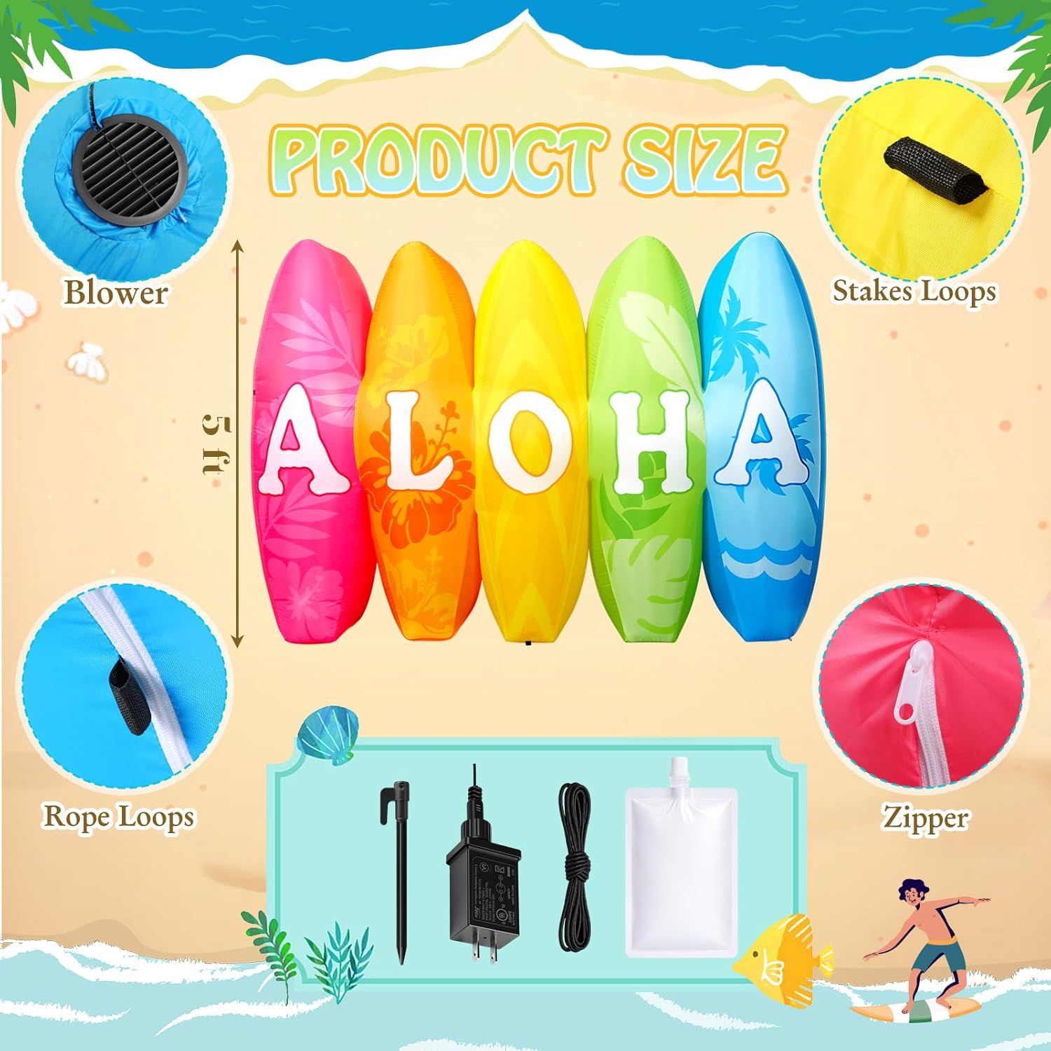 5 ft Summer Inflatable Outdoor Decor Giant Aloha Surfboards with Built-in LED Lights Large Size Blow up Hawaiian Surfboards Photo Props for Beach Yard Lawn Tropical Luau Party Supplies
