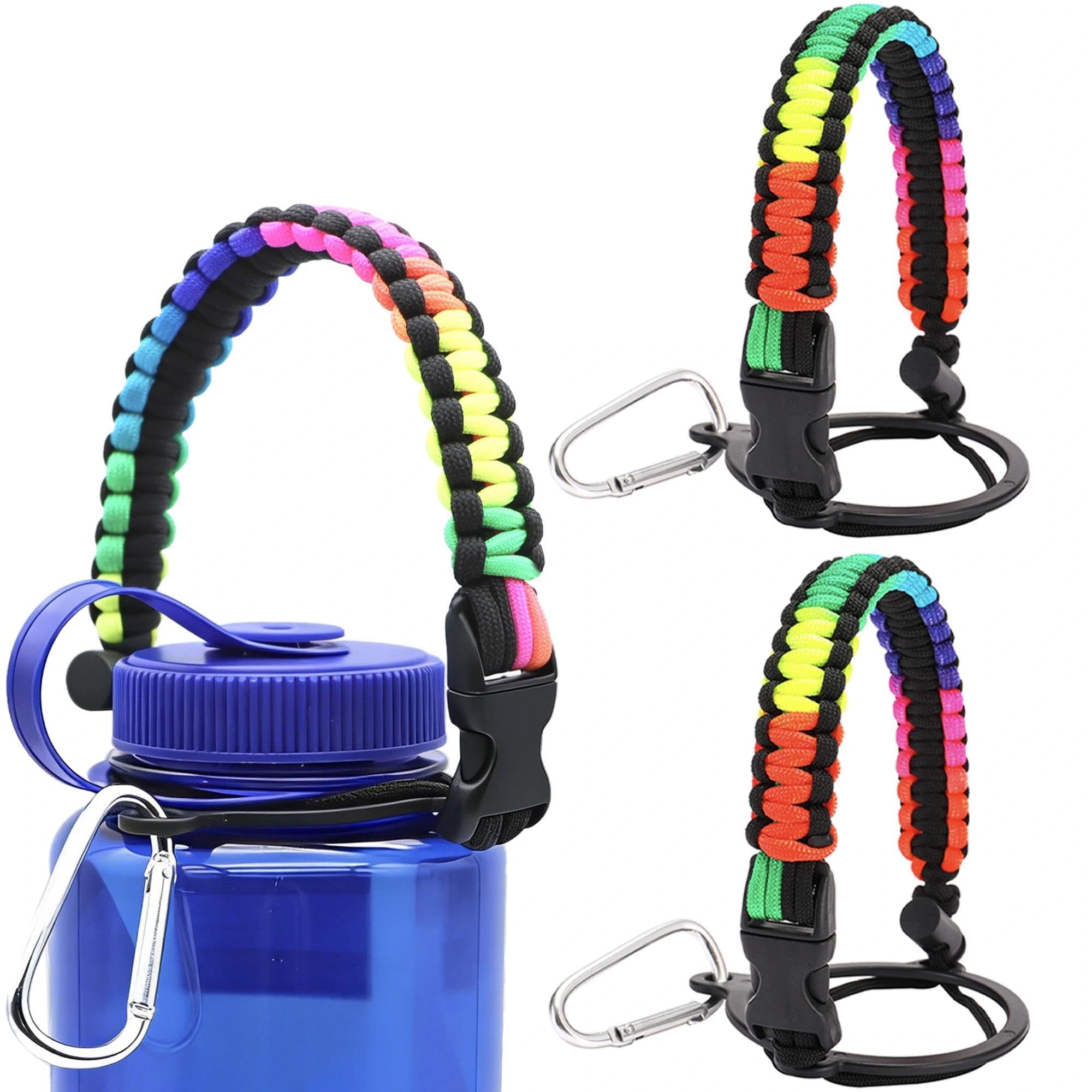 LUTQ 2 Packs Cap Strap for 32oz Wide Mouth Nalgene Bottles - Durable Paracord Strap with Aluminum Alloy Safety Buckle - Handle Compatible with Nalgene - Rainbow