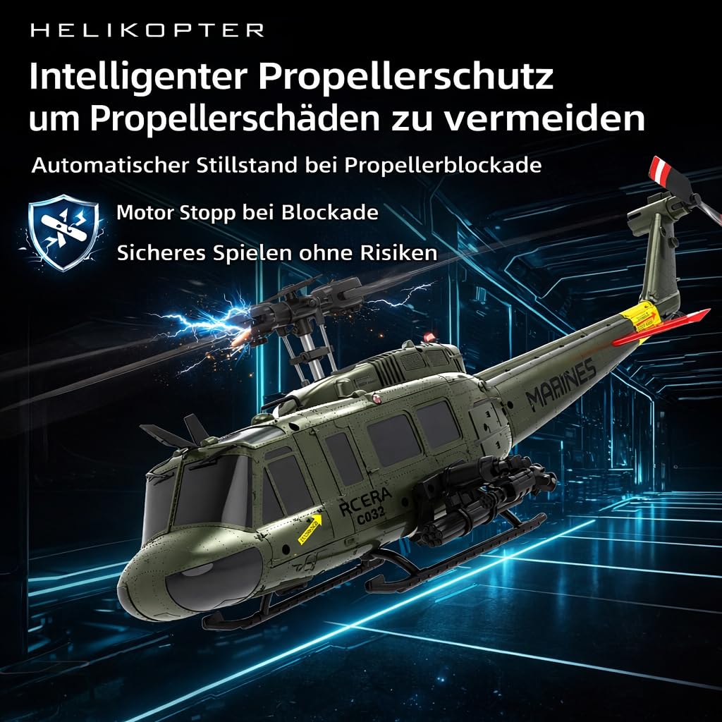 C032 RC Hubschrauber für Erwachsene, UH-1 Huey 6CH Military Scale Aileronless Aerobatic RC Helicopter with Fly Upside Down 3D Rolling & Intelligent Positioning System for Enthusiasts(Yellow)