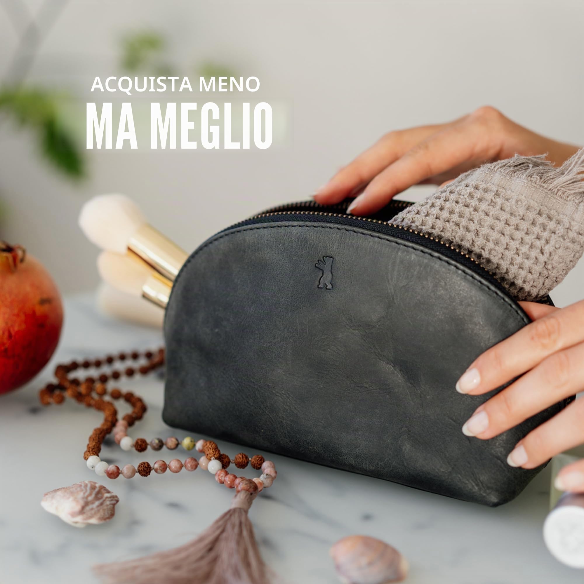 Berliner Bags Vintage Beauty Case Zoe, Trousse in Pelle con Cerniera per Trucchi Oggetti Viaggi, Borsetta per Donna - Grigio Scuro