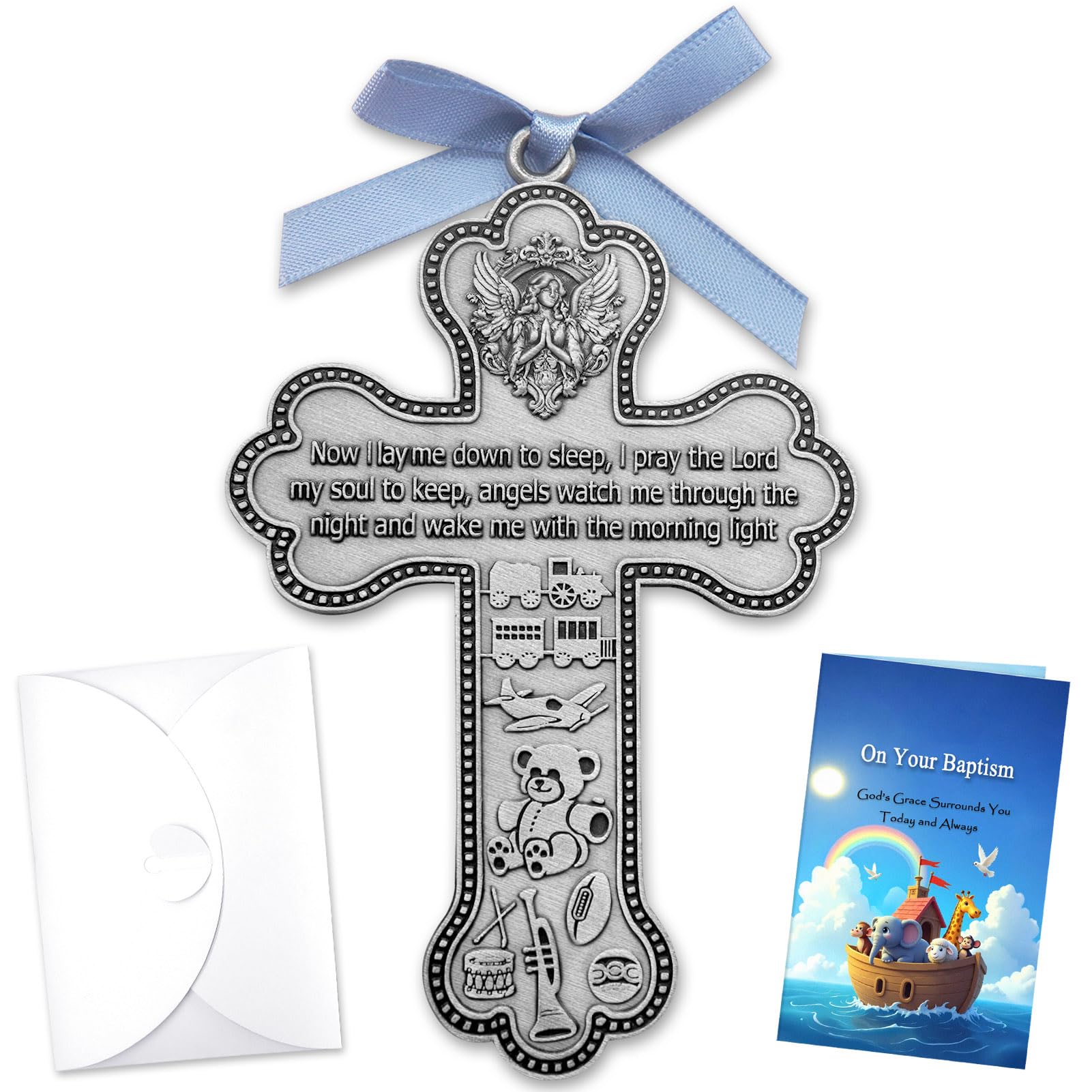 ForFine Guardian Angel Cross Baby Baptism Gifts for Boys Girls with Christening Card, with Personalized Blessing Engraving Space