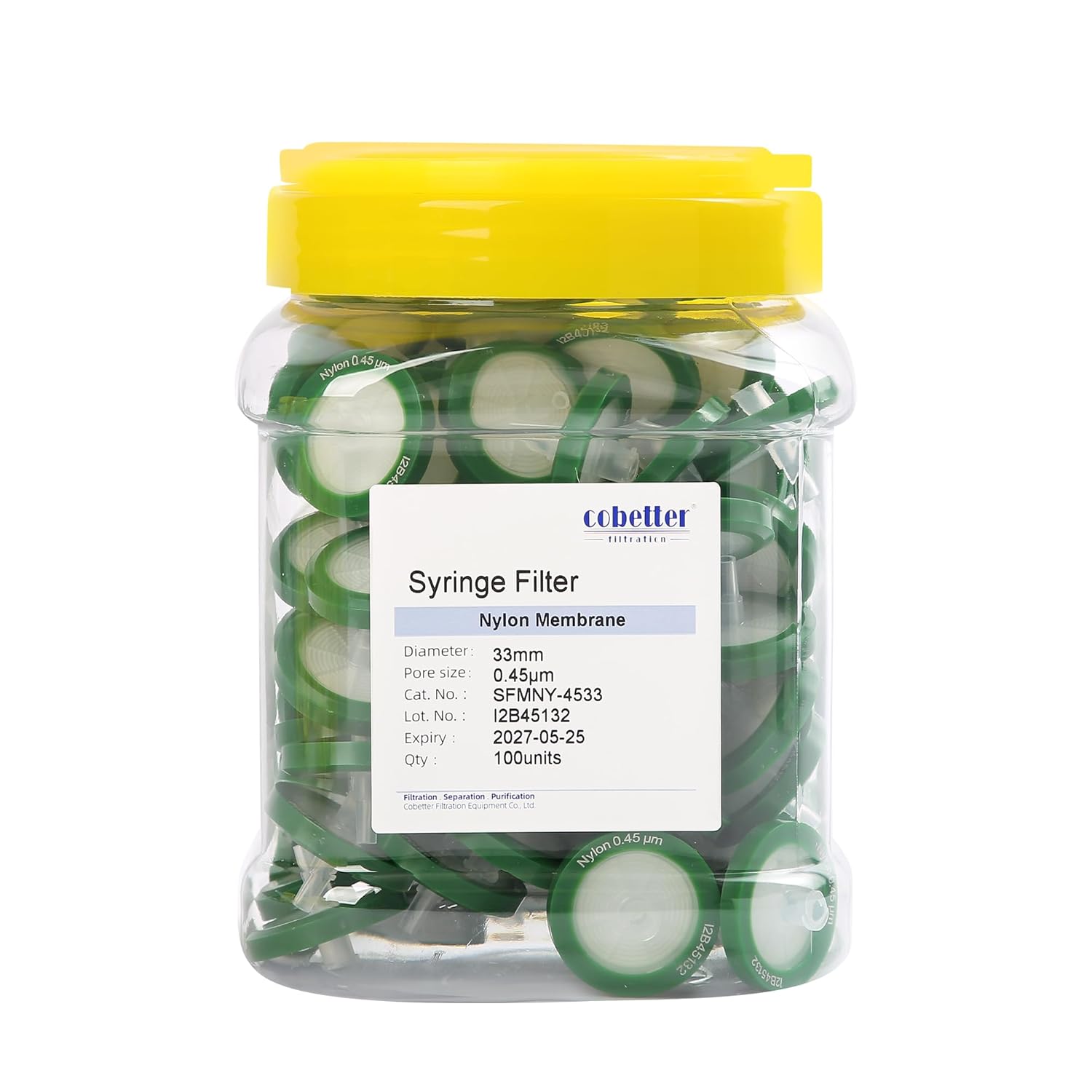 100 Pack Syringe Filter Nylon Lab Filters 0.45μm Pore Size 33mm Diameter Hydrophilic Filtration Non-sterile, Green