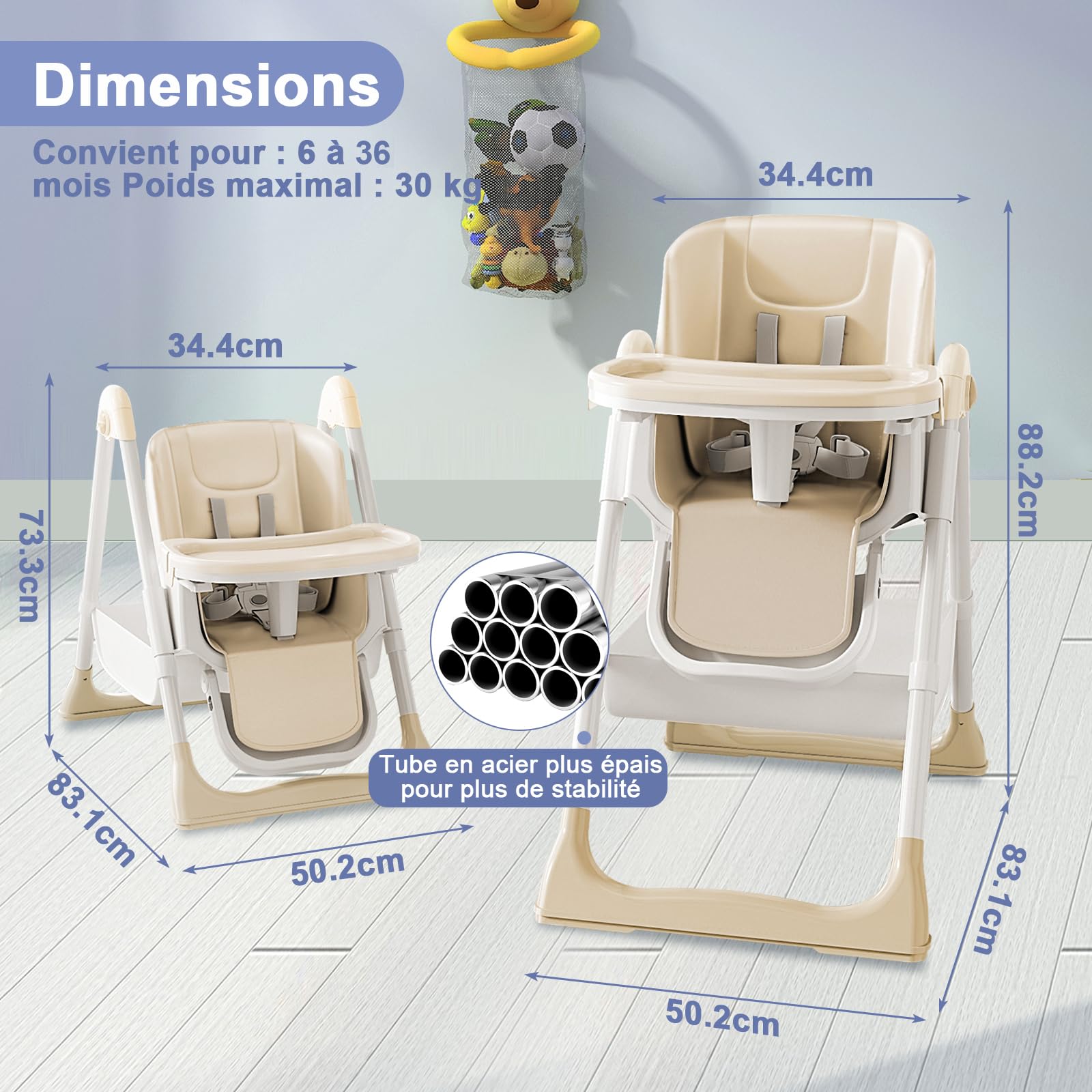 Chaise Haute Bébé, Chaise Haute pour Bébé con Double Plateau Détachable, 5 Positions de Hauteur, 4 Positions de Dossier, Chaise Haute Pliable de 6 à 36 mois