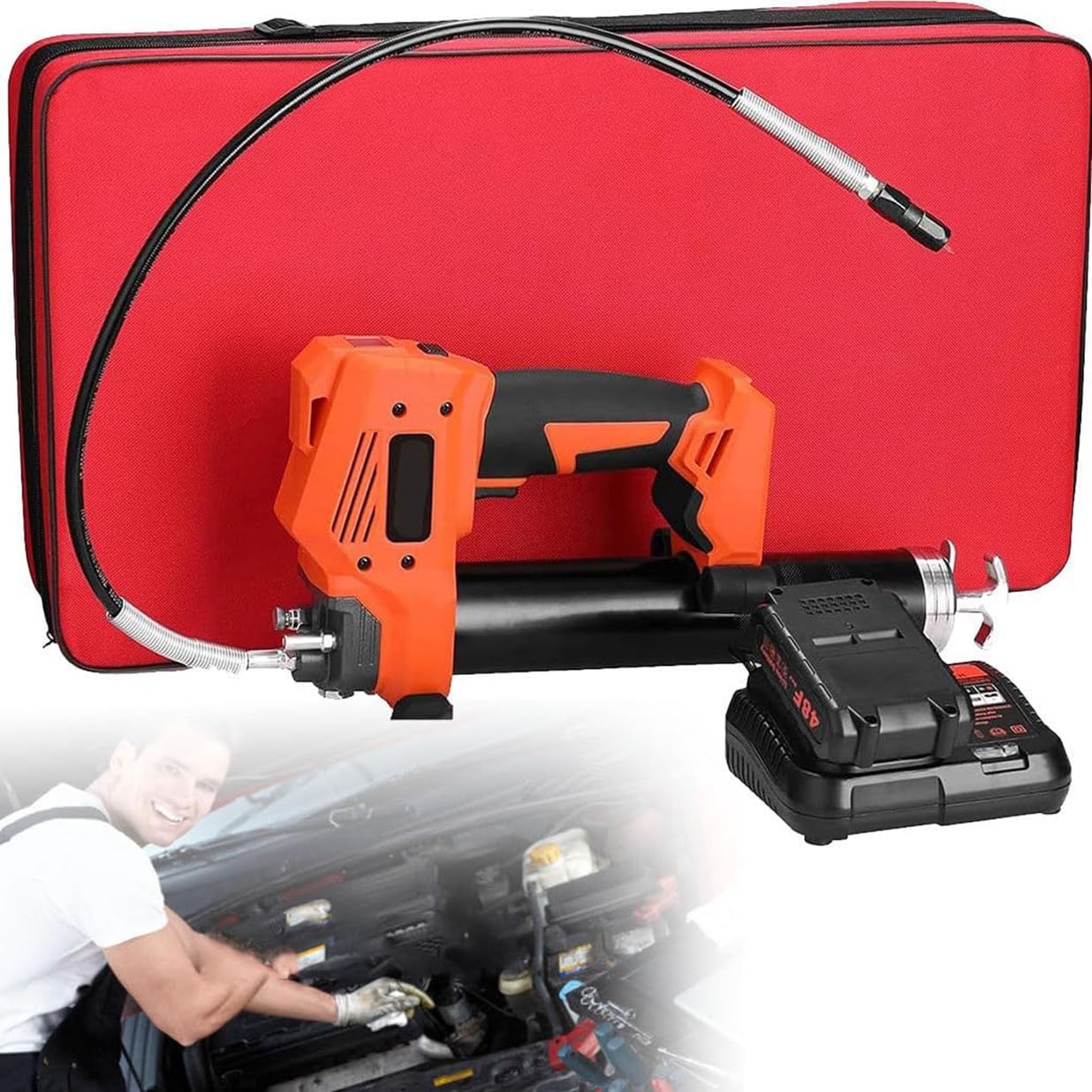 Pistola Engrasadora Eléctrica, Pistolas Engrasadoras Inalámbricas 20V, Presión Máxima De Trabajo 10000 PSI, Engrasadora para Excavadora con Pistola Engrasadora Alimentada por Batería,1Battery
