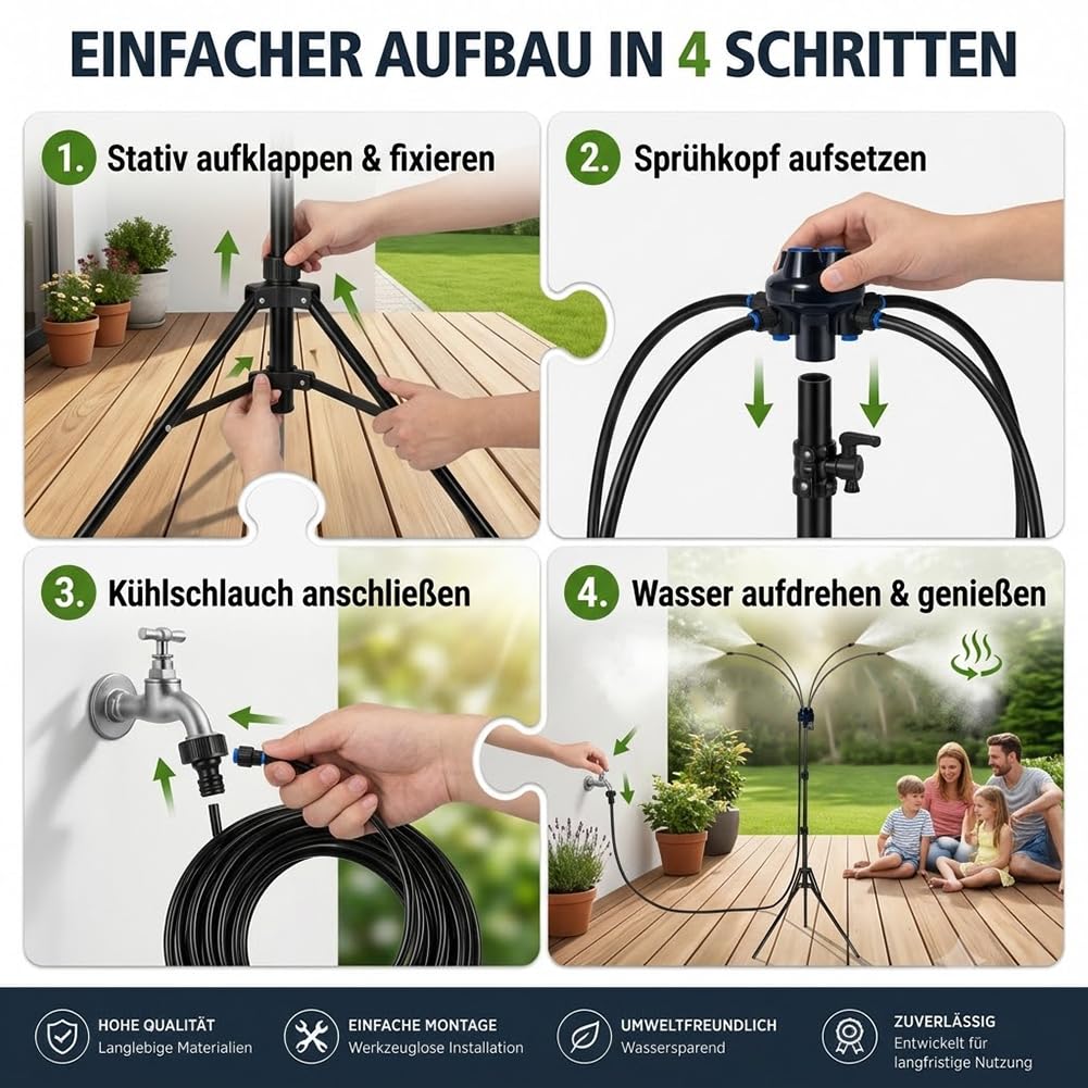 Einstellbares Stehendes Sprühnebel Kühlung System, Tragbarer Wassernebel für Terrasse und Garten, 360° Flexibler Sprühnebel Terrasse mit Höhenverstellbarem Stativ für Pool, BBQ und Outdoor (2Pcs)