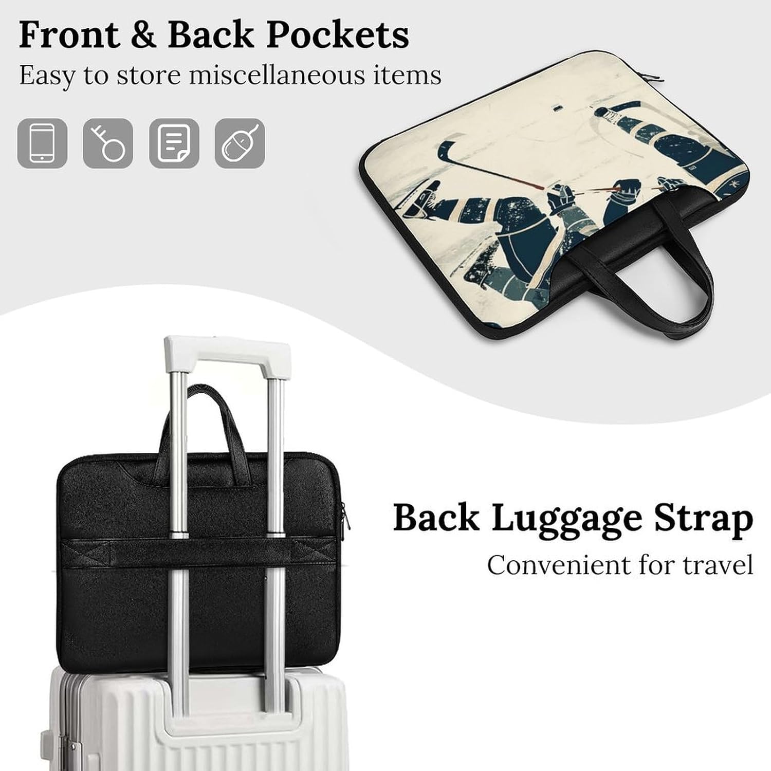 Ice Hockey Pattern 37x28cm Black-style Laptop Bag Leather Tablet Computer Briefcase Large Capacity Work Business Tote Bags for Office