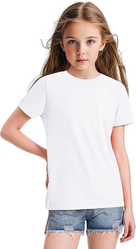 KEREDA Girls Shirts Short Sleeve Soft Cotton T-Shirts Plain Tops for Kids