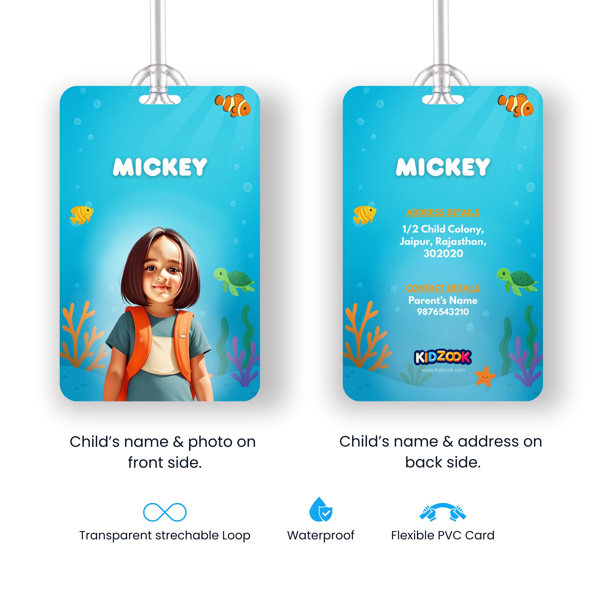 Kidzook Personalised Bag Tags | | Silicone Loop | Kids Travel Essential | Stylish Luggage Labels | Pre School, Camping Gear | Customisable Photo & Contact Info Pack of 2 (Aqua Theme) 4