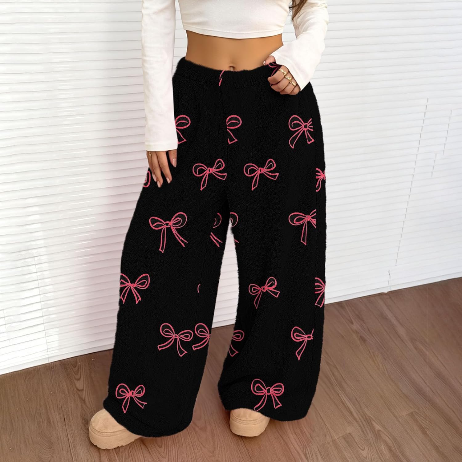 Ruziyoog Womens Wide Leg Lounge Pants Cute Bow Print Pajama Pants High Waisted Comfy Sleepwear Soft Casual Yoga Pants - Image 3