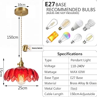 25cm Industrial Vintage Pendant Lighting Fixture Glass Lotus Lamp Shade Pendant Light Chandelier E27 Brass Finish Ceiling Hanging Lamp (Red) [Energy Class E]
