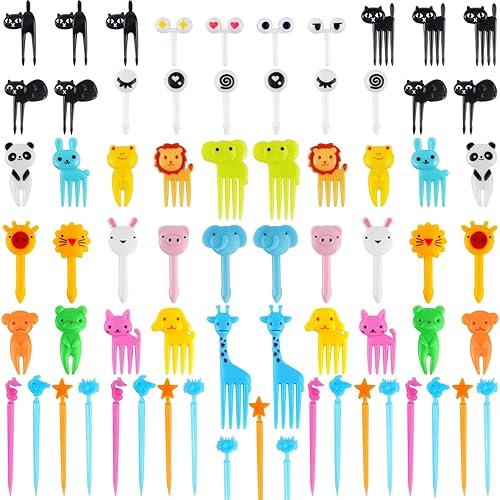 106 palillos de comida para niños, divertido y lindo palillo de dientes de frutas de animales de dibujos animados reutilizables para comedores