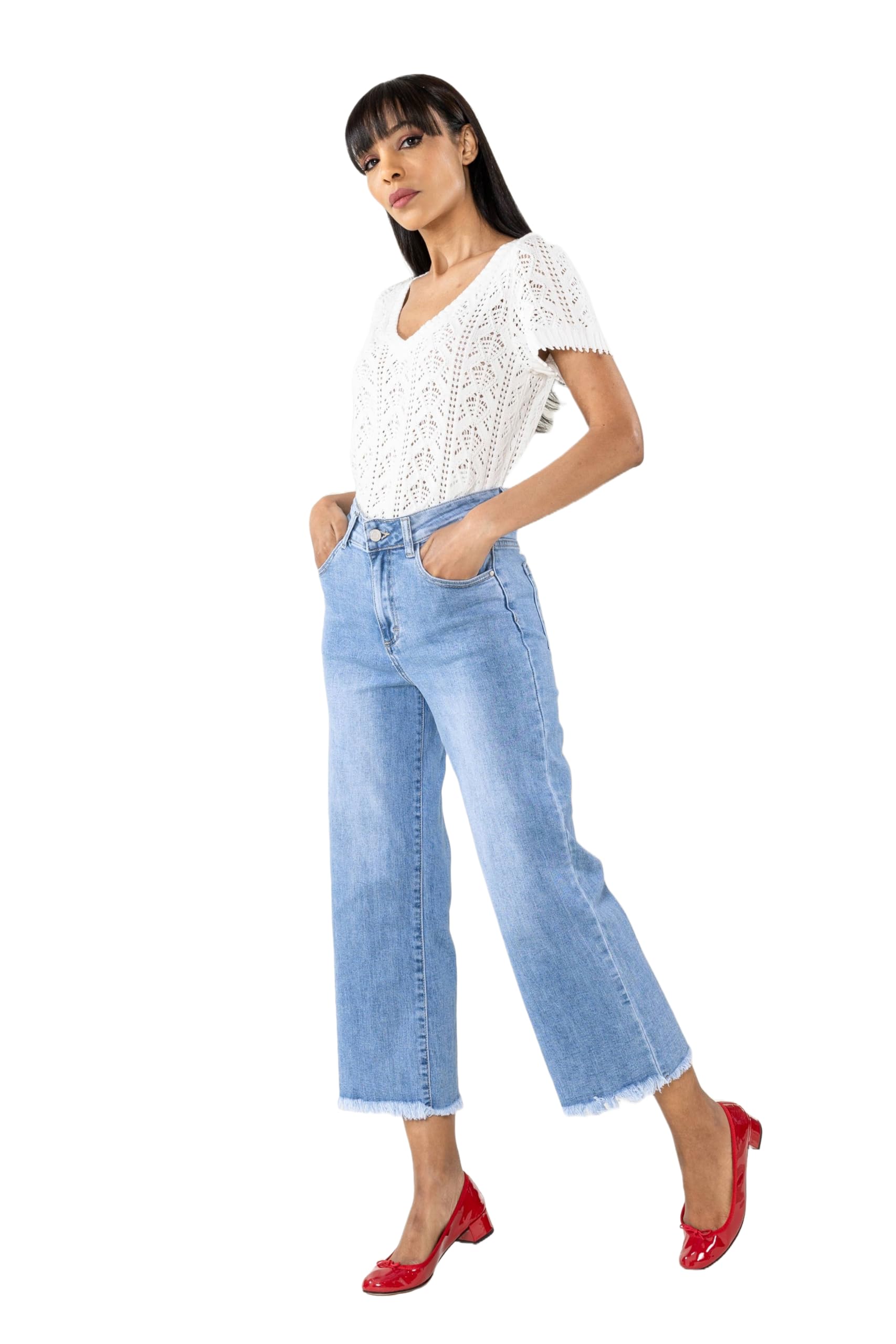 Nina Carter Q1850 Jeans da donna - 7/8 Cropped, vita alta, elasticizzati, svasati, look usato, sfilacciati