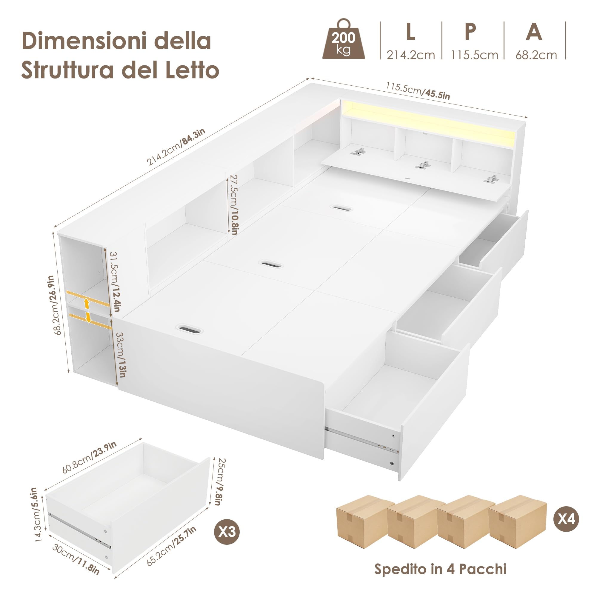 FOREHILL 90x200 cm Letto Montessori Bambini con Luci a LED, Letti Bambini con Libreria, Letto Singolo con 3 Cassetti e Scomparti Aperta, Letto da Adolescente, (Materasso non Incluso), Bianco