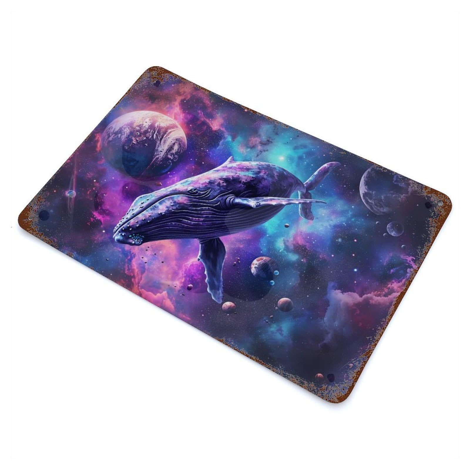 Rust Effect Cosmic Whale Rusty Metal Tin Sign 11.8"x7.9", Old School Wall Decor for Pub, Kitchen And Man Cave Decor