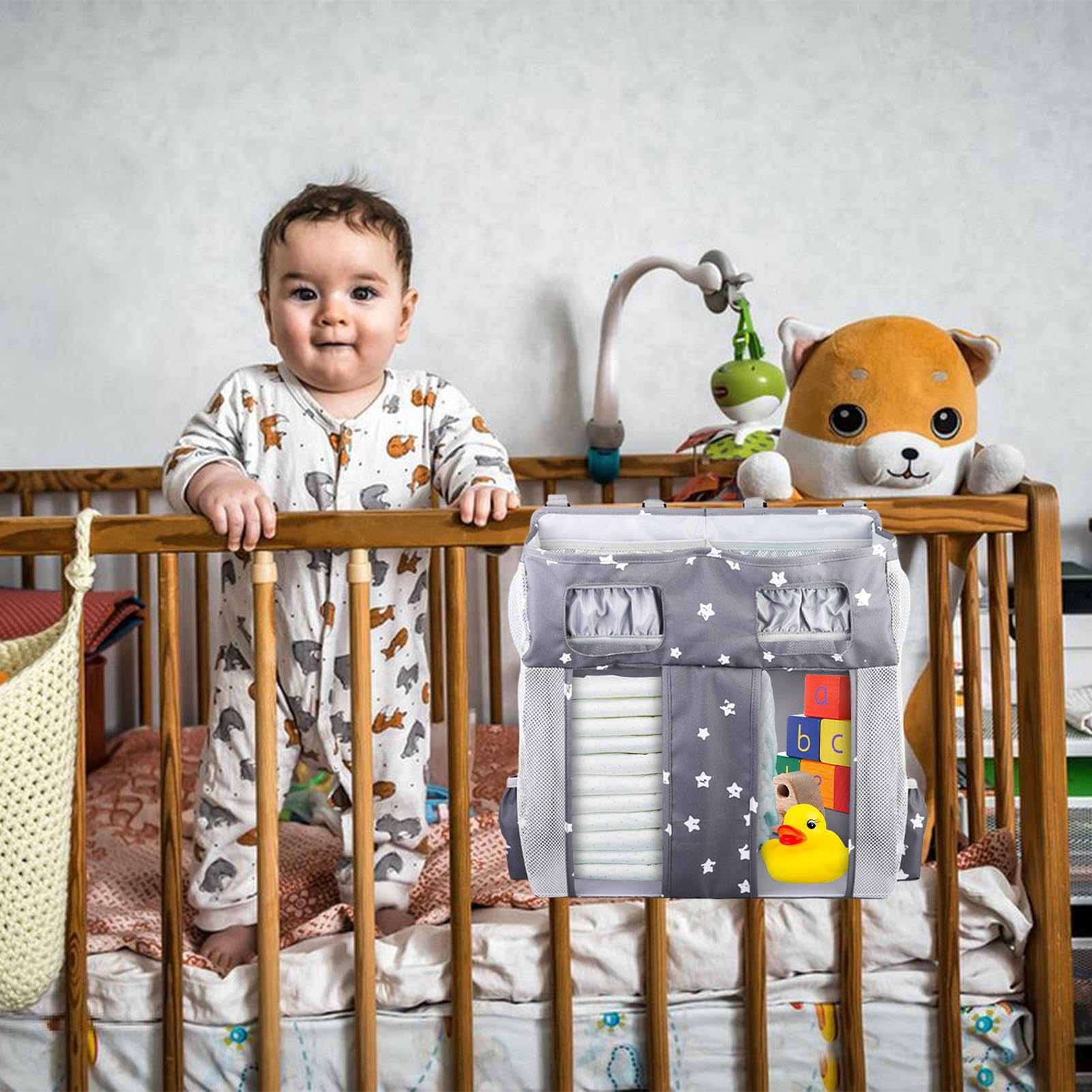 Organizer na pieluchy do łóżeczka dziecięcego, torba do przechowywania przy łóżku dla niemowląt, duża pojemność, wielofunkcyjny pokrowiec na pieluchy na butelki mleka, chusteczki, śliniaki, 40 x