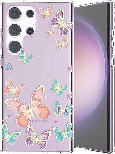 Funda ultra linda para Samsung Galaxy S23 para mujeres y niñas, con purpurina dorada, rosa, azul, morado, mariposa, delgada, dura, transparente,
