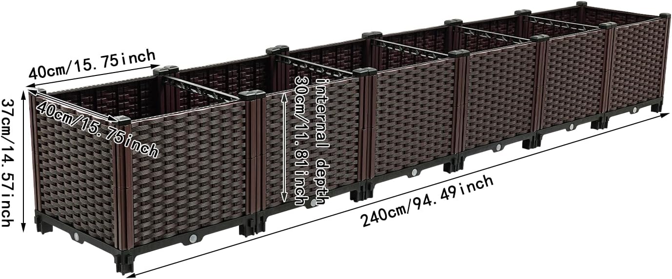 6-Section Deep Planter Box, 94.5x15.8x14.6in Large Raised Planter Boxes, Outdoor Self Watering Planter Box for Patio Balcony Deck,Planter,Vegetables/Tomatoes/Peppers/Potatoes,Brown