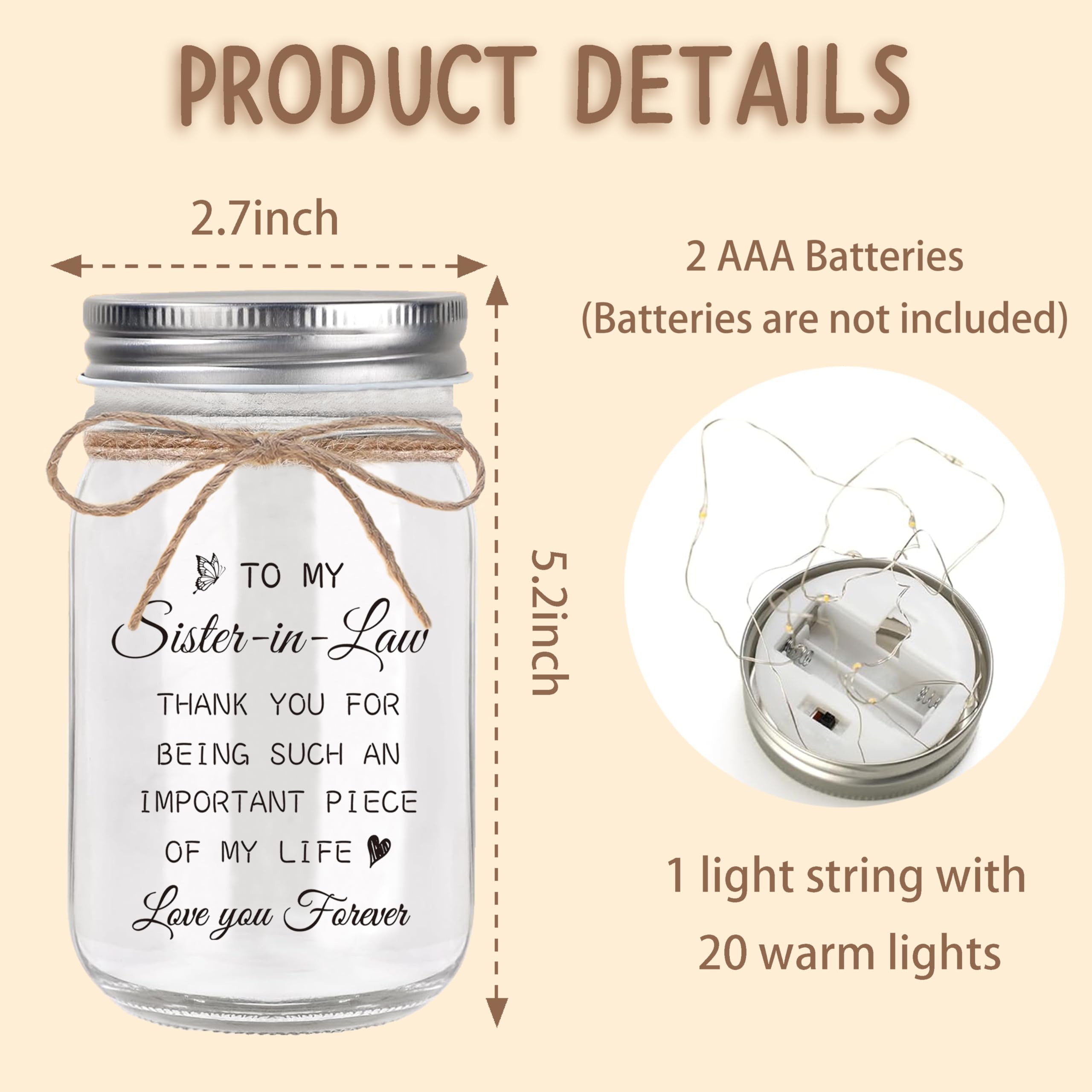 Sister in Law Gifts, Mason Jar Night Lights - Gifts for Sister in Law Birthday Christmas Mother's Day Wedding Thanksgiving Gifts