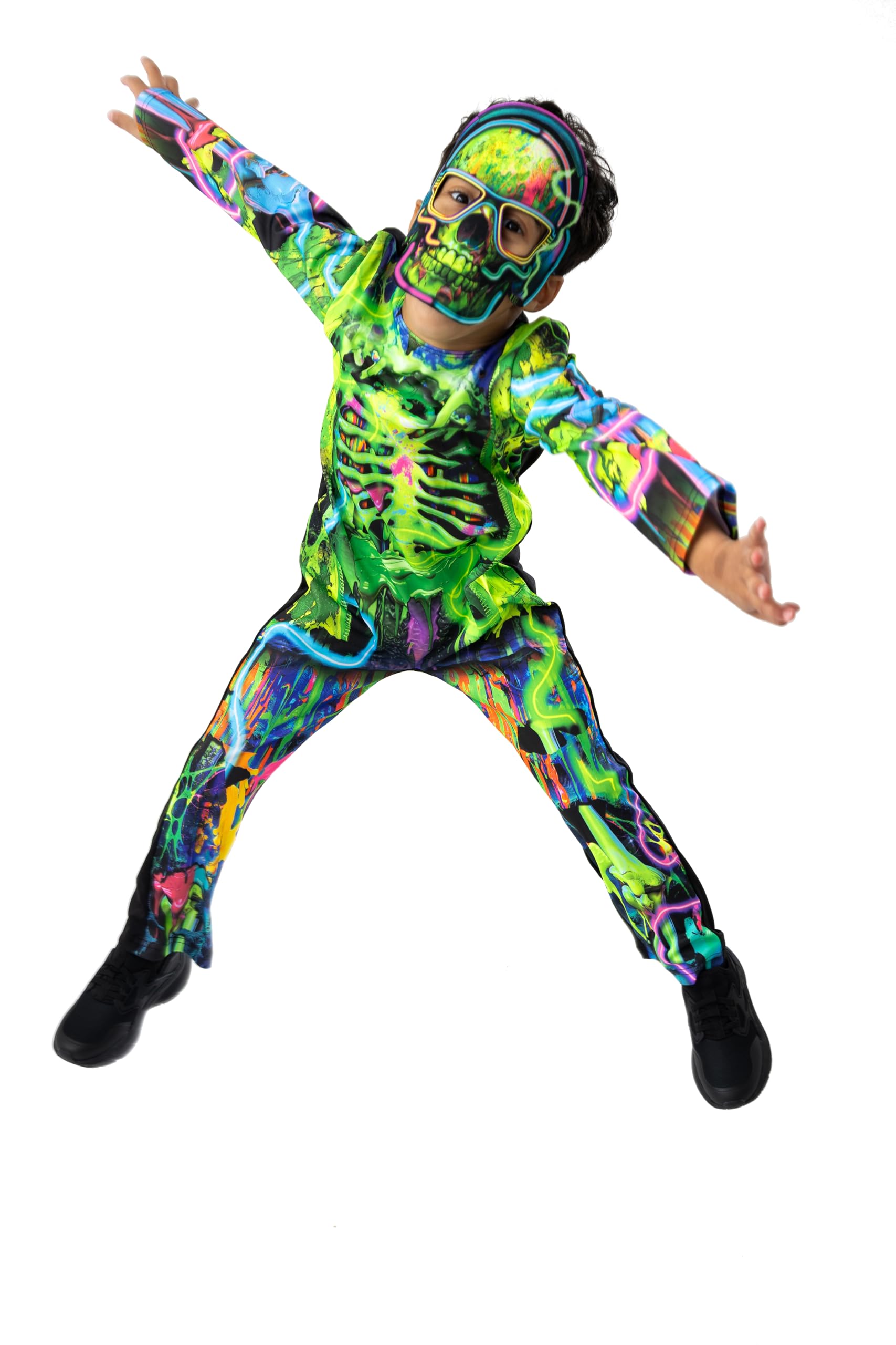 Kids Neon Skeleton Halloween Costume – Neon Effect Jumpsuit & Skull Flat Felt Mask – Unisex Fancy Dress Outfit for Boys & Girls - 6-8 Years — image 1