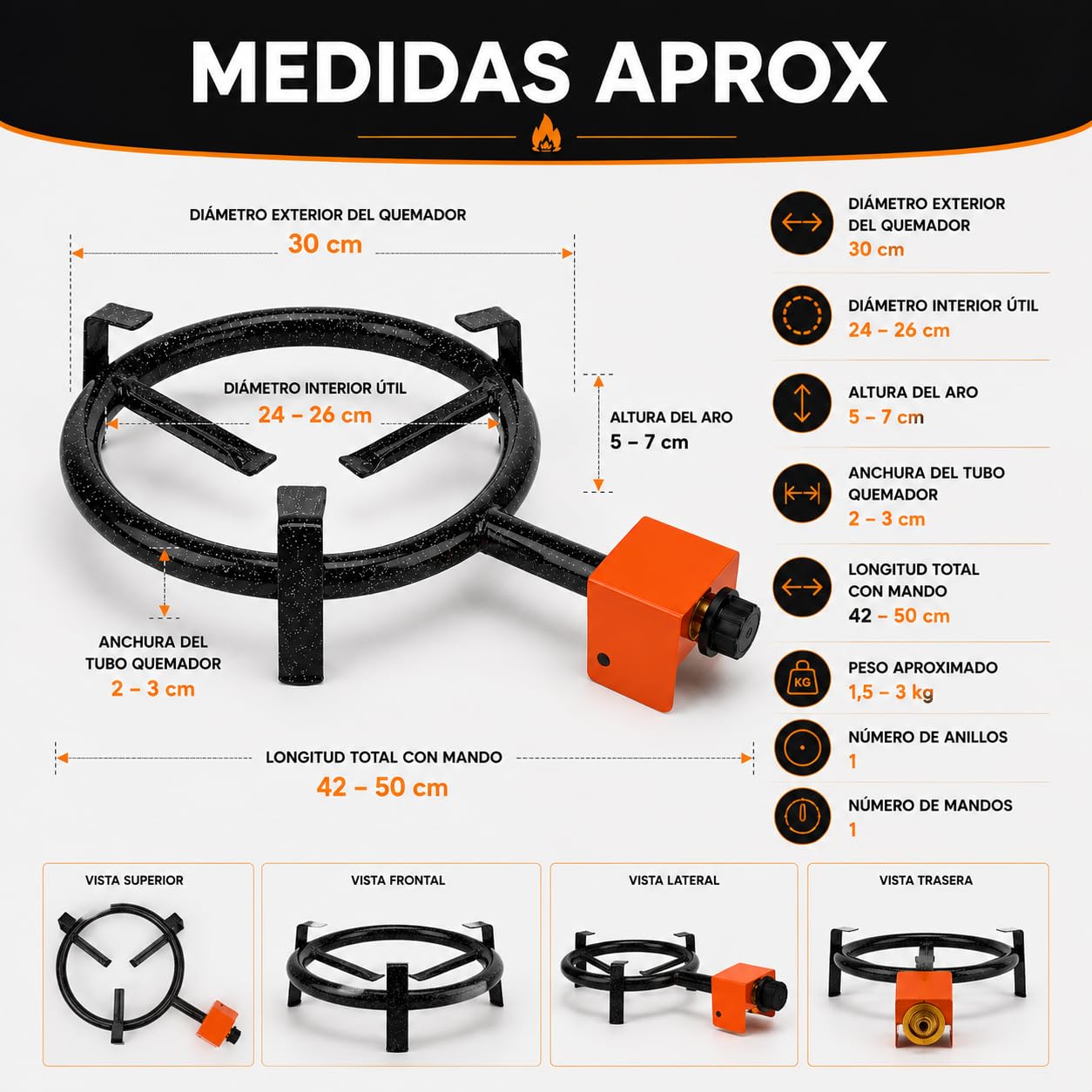 CABLEPELADO Paellero Gas Butano 1 Anillo Quemador 30 cm | Hornillo de Cocina Exterior para Paelleras 30-45 cm | Diseño Estable y Resistente