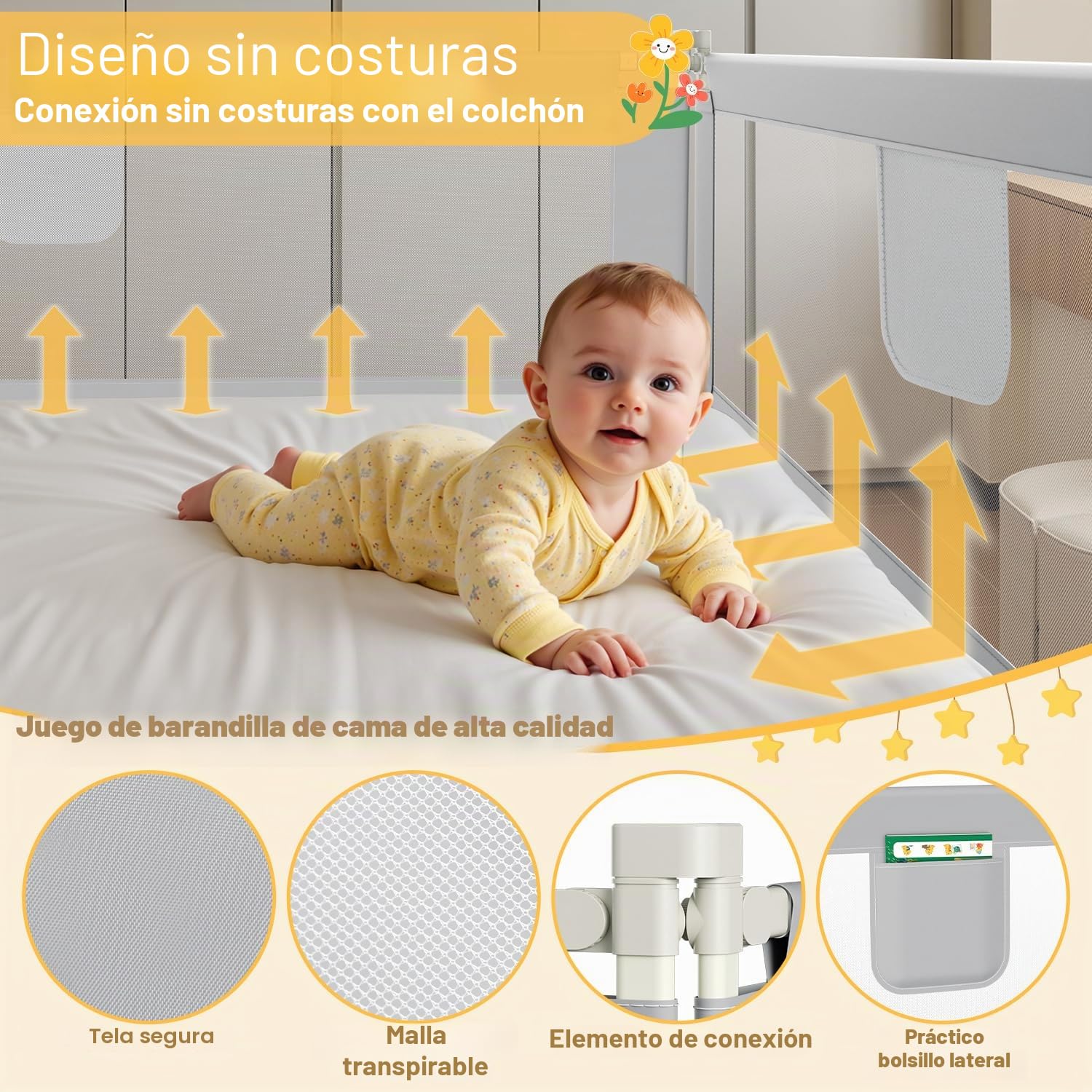 Ikodm Barrera para cama de 200 cm x 2 + 180 cm x 1, altura regulable 64-96 cm, para bebés y niños, con interruptor de doble botón, fácil montaje, color gris