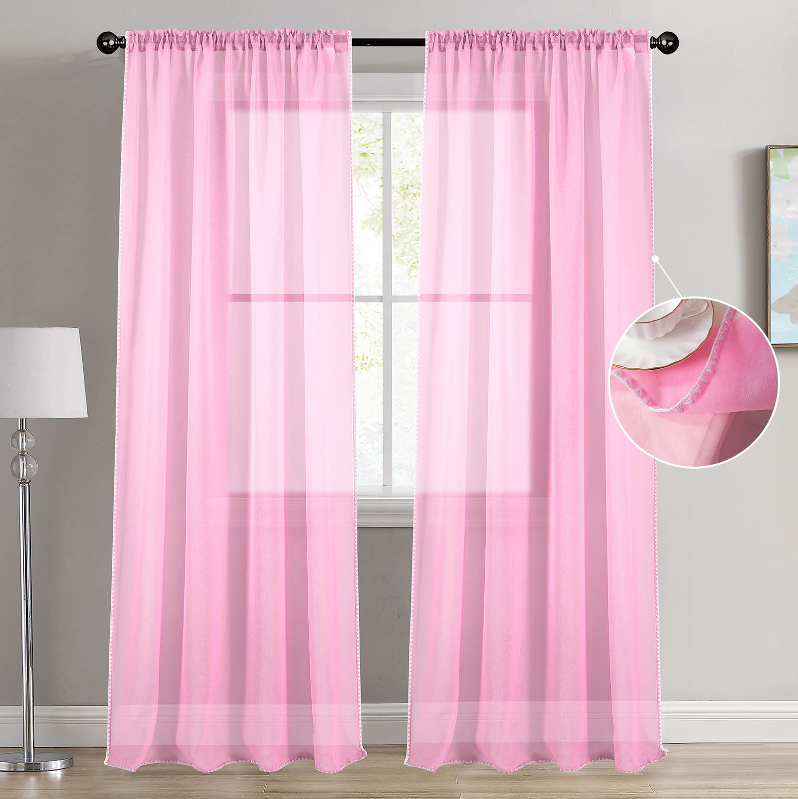 Tony's collectionPink Sheer Curtains 95 Inch Length for Bedroom Living Room Kitchen 2 Panels Set Rod Pocket Home Decoration Light Filtering Sheer Window Treatment Drapes(52x95 Inch, Pink,2 Panels)